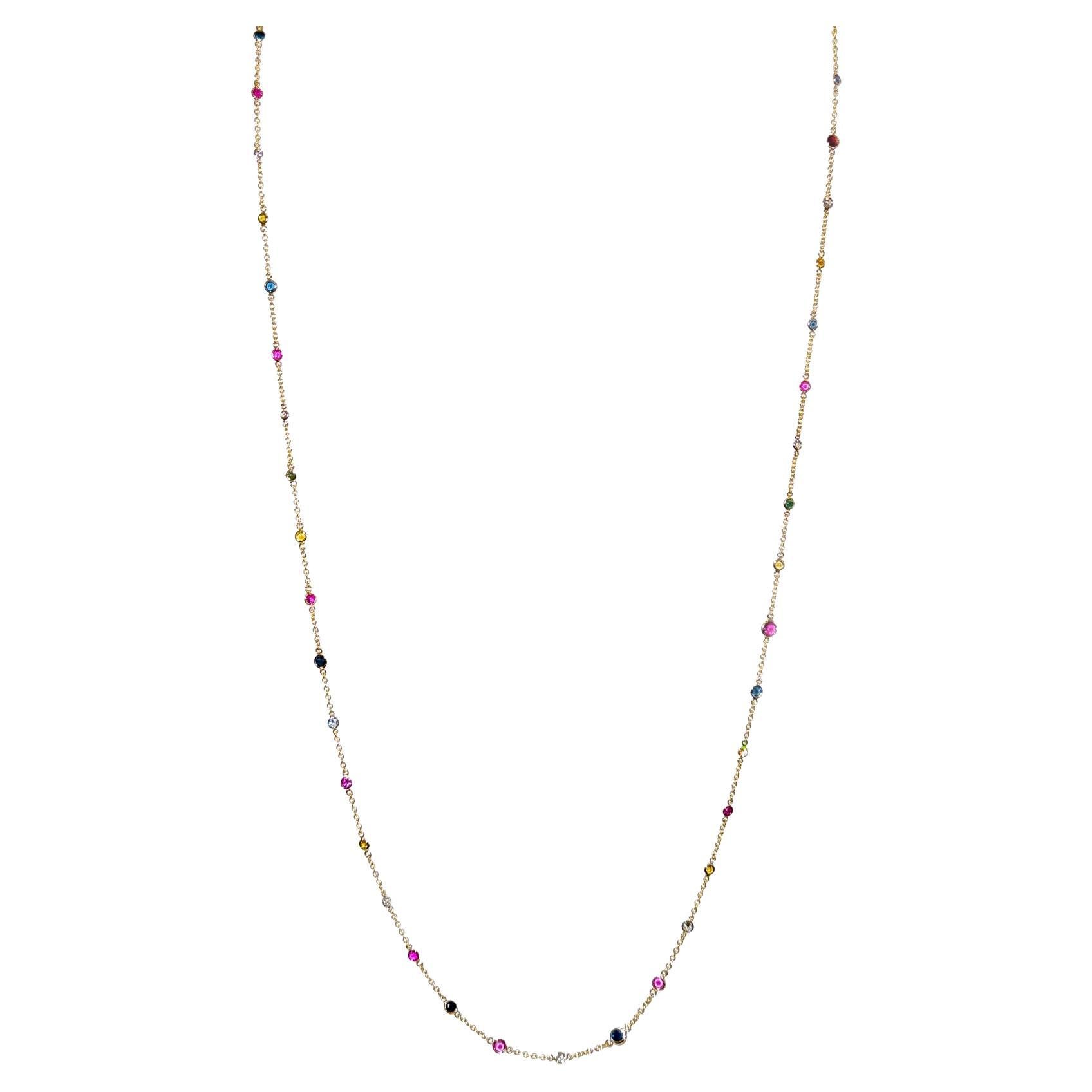 Diamond and Multi Color Gemstone Necklace 32.0" Long 18K Yellow Gold For Sale