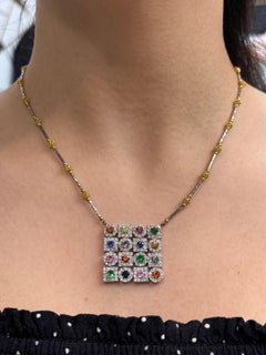 Diamond and Multi-Color Sapphire Square Pendant Necklace