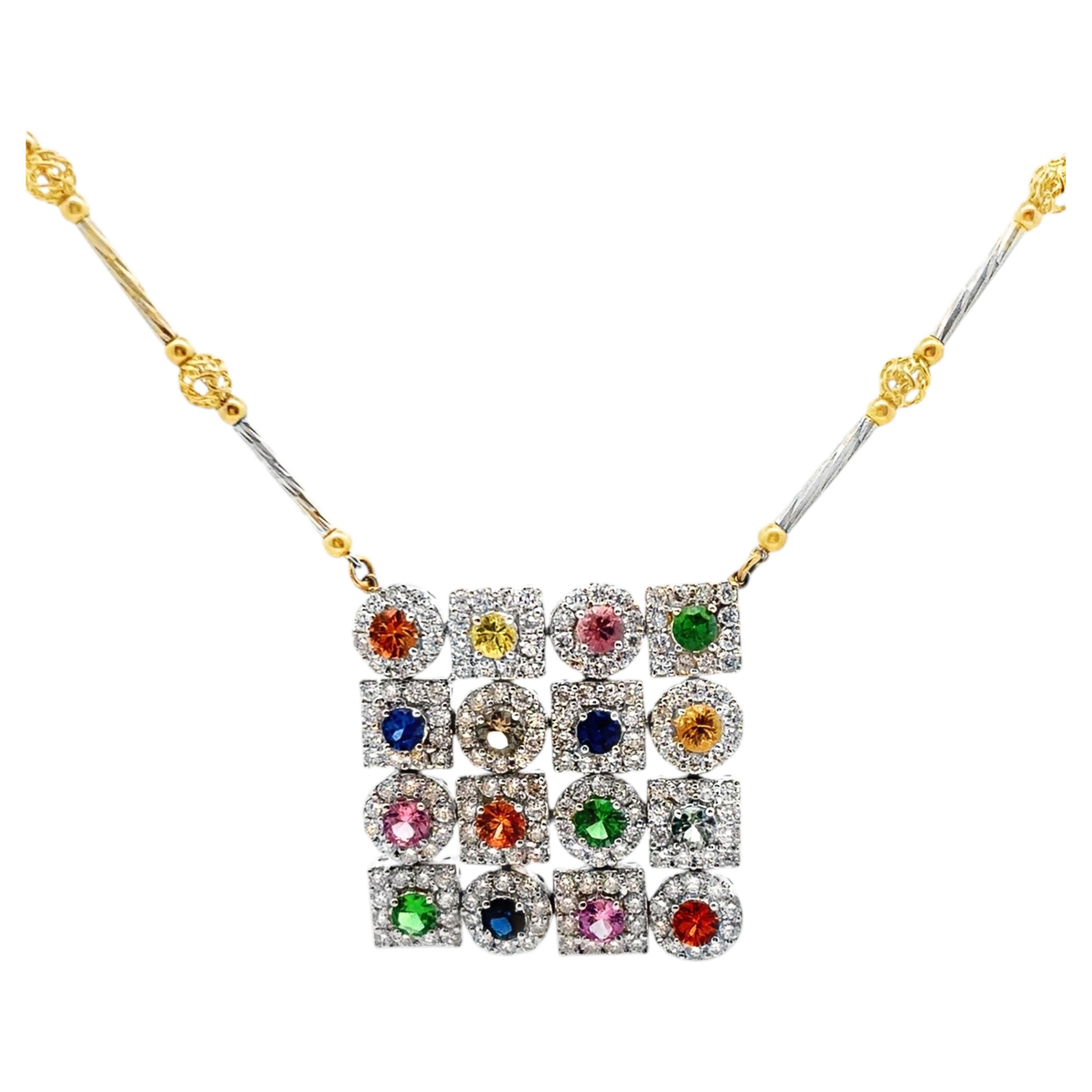 Diamond and Multi-Color Sapphire Square Pendant Necklace For Sale