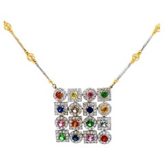 Diamond and Multi-Color Sapphire Square Pendant Necklace