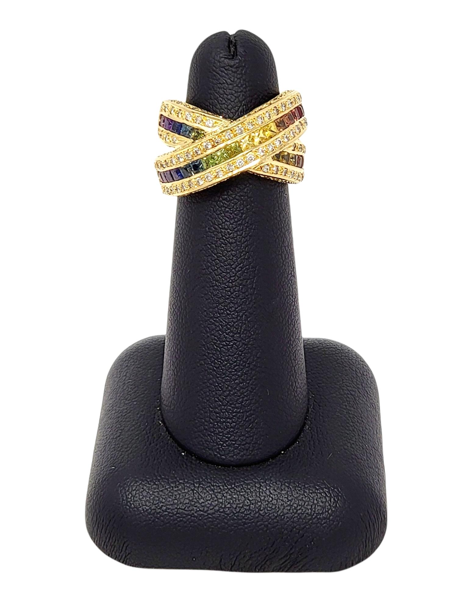 Diamond and Multi-Colored Sapphire Rainbow Criss-Cross Split Shank Band Ring  For Sale 2