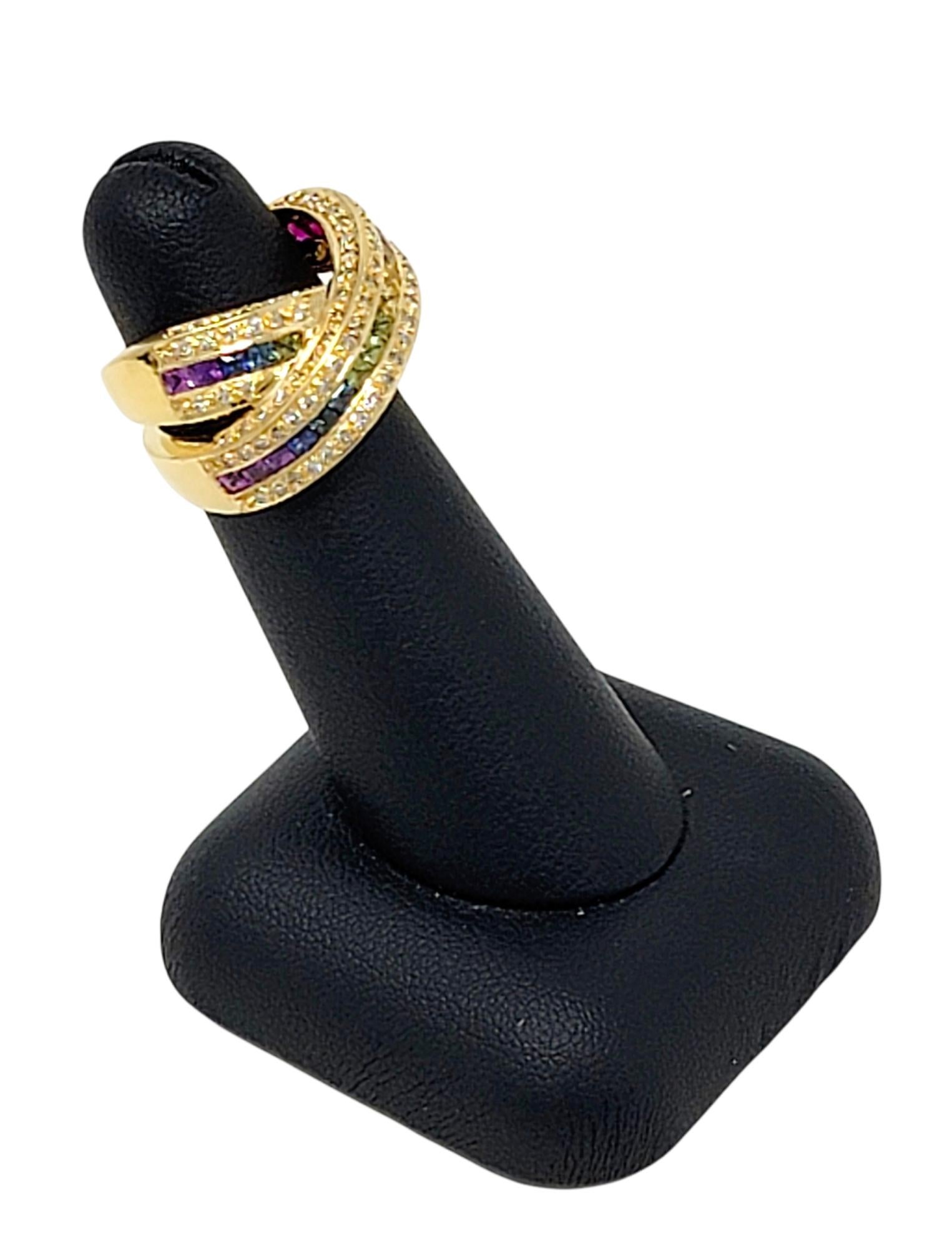 Bague à anneau à tige fendue en diamants et saphirs multicolores arc-en-ciel à tige croisée en vente 5