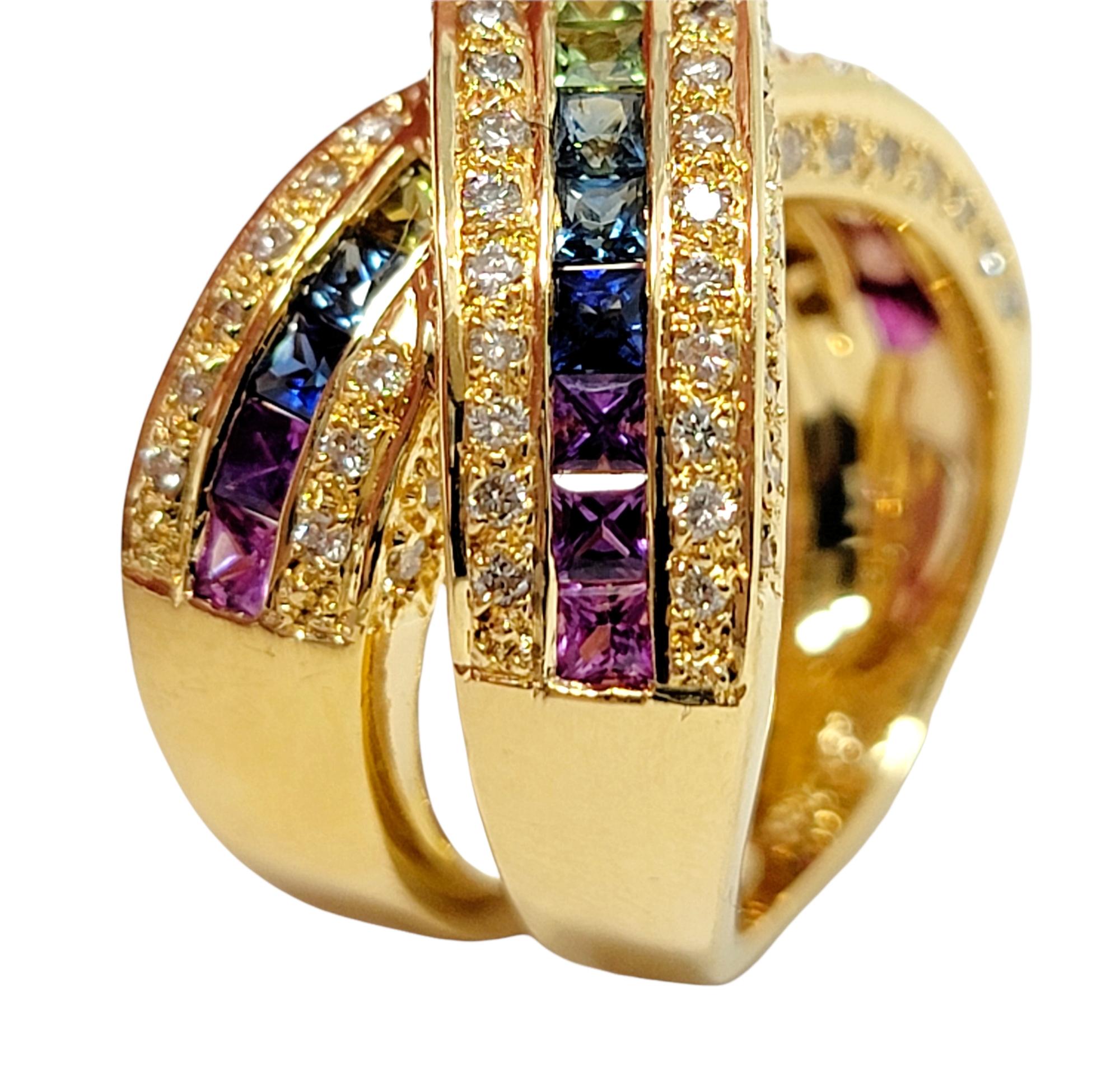 Contemporary Diamond and Multi-Colored Sapphire Rainbow Criss-Cross Split Shank Band Ring  For Sale