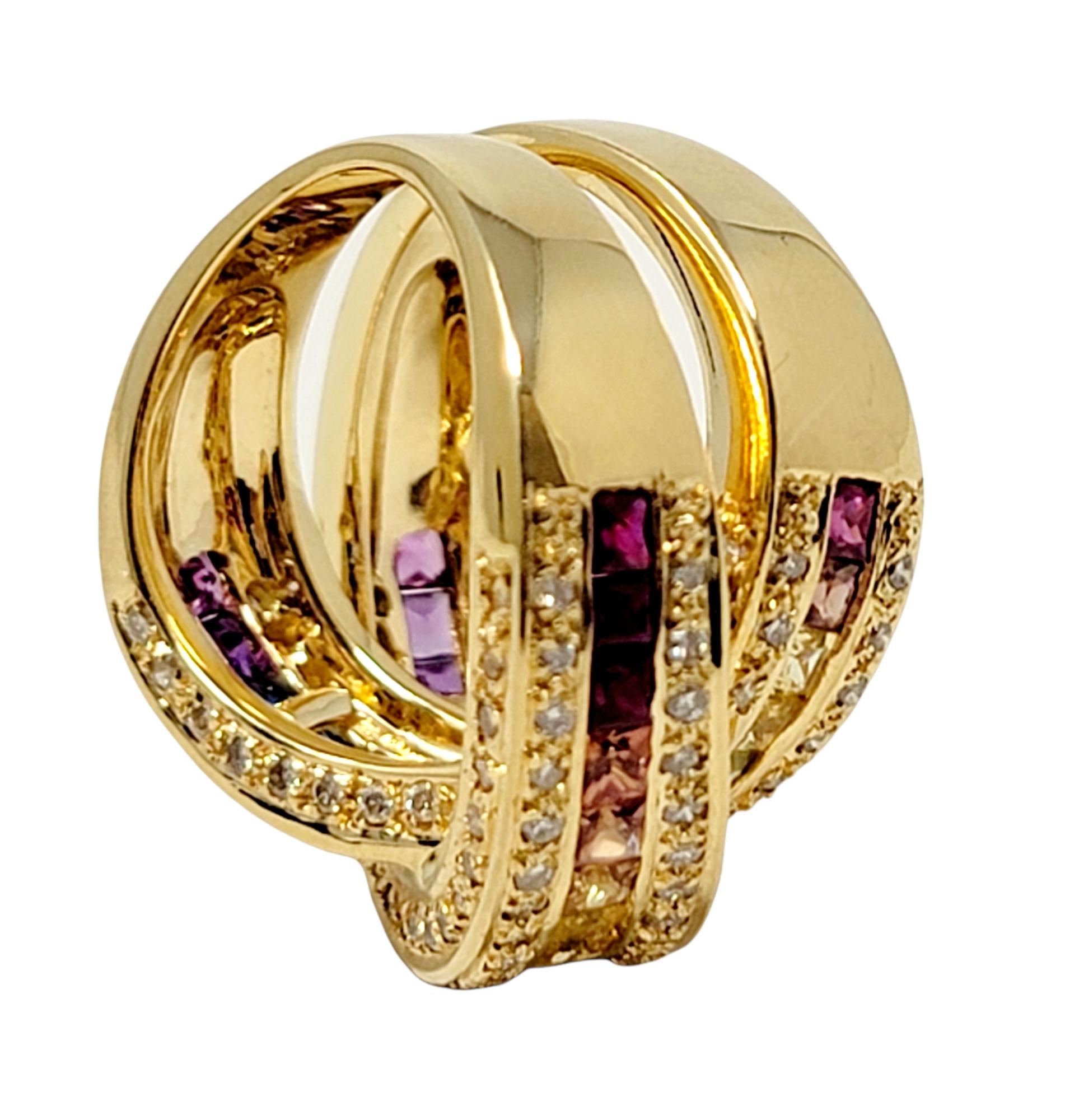 Bague à anneau à tige fendue en diamants et saphirs multicolores arc-en-ciel à tige croisée Pour femmes en vente