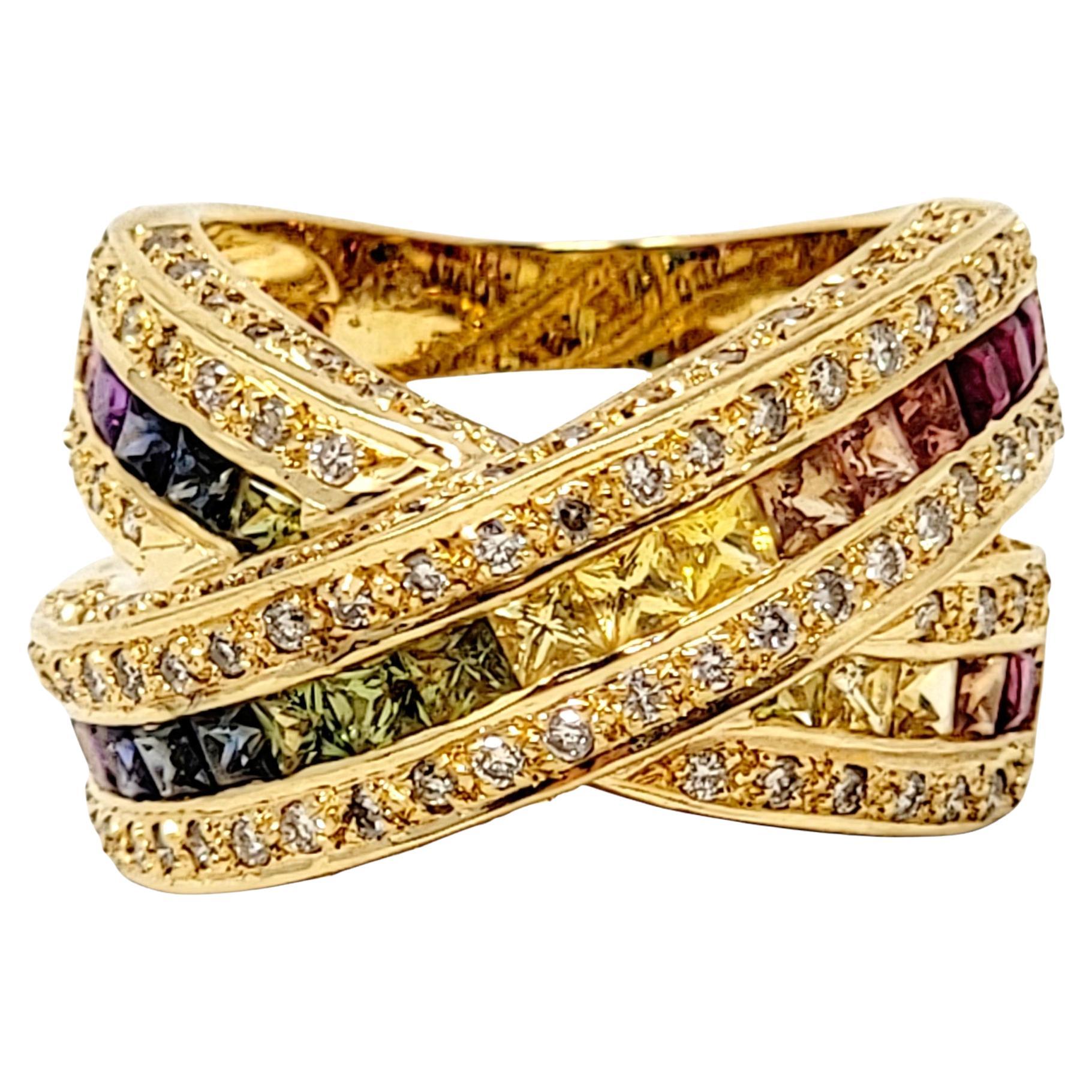 Diamond and Multi-Colored Sapphire Rainbow Criss-Cross Split Shank Band Ring