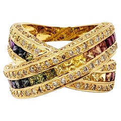 Diamond and Multi-Colored Sapphire Rainbow Criss-Cross Split Shank Band Ring 
