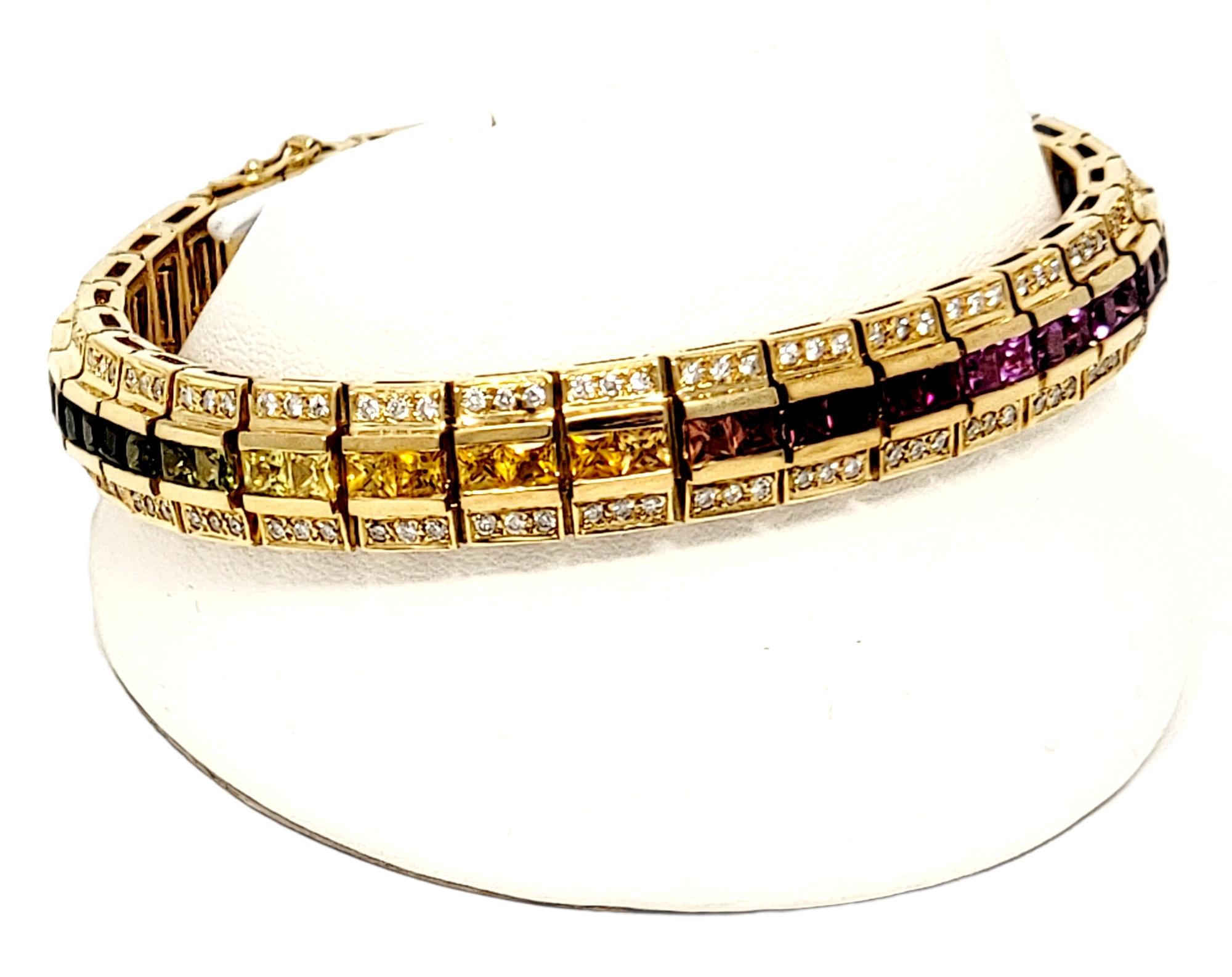 Diamond and Multi-Colored Sapphire Rainbow Link Bracelet 18 Karat Yellow Gold For Sale 1