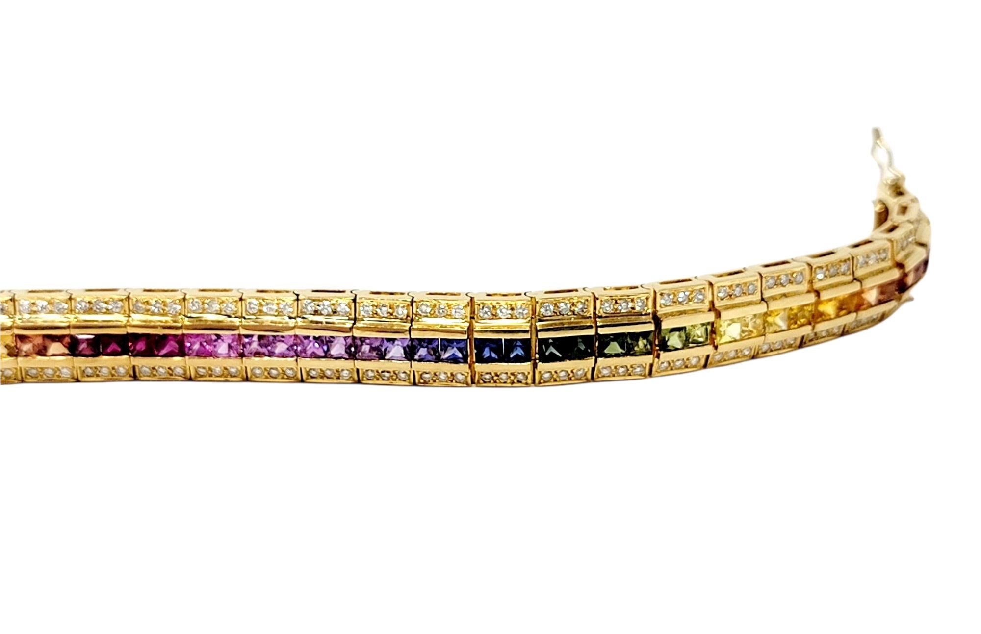 Diamond and Multi-Colored Sapphire Rainbow Link Bracelet 18 Karat Yellow Gold For Sale 2