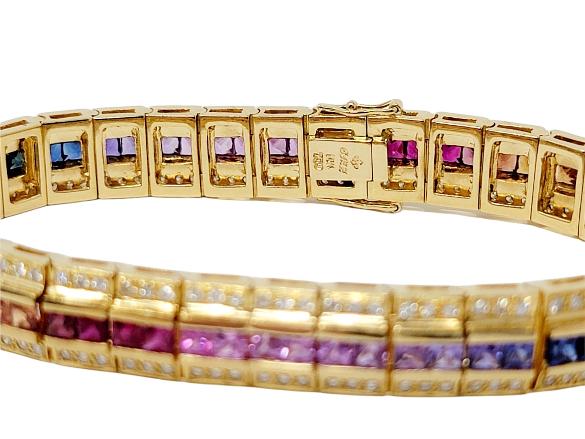 Diamond and Multi-Colored Sapphire Rainbow Link Bracelet 18 Karat Yellow Gold For Sale 3