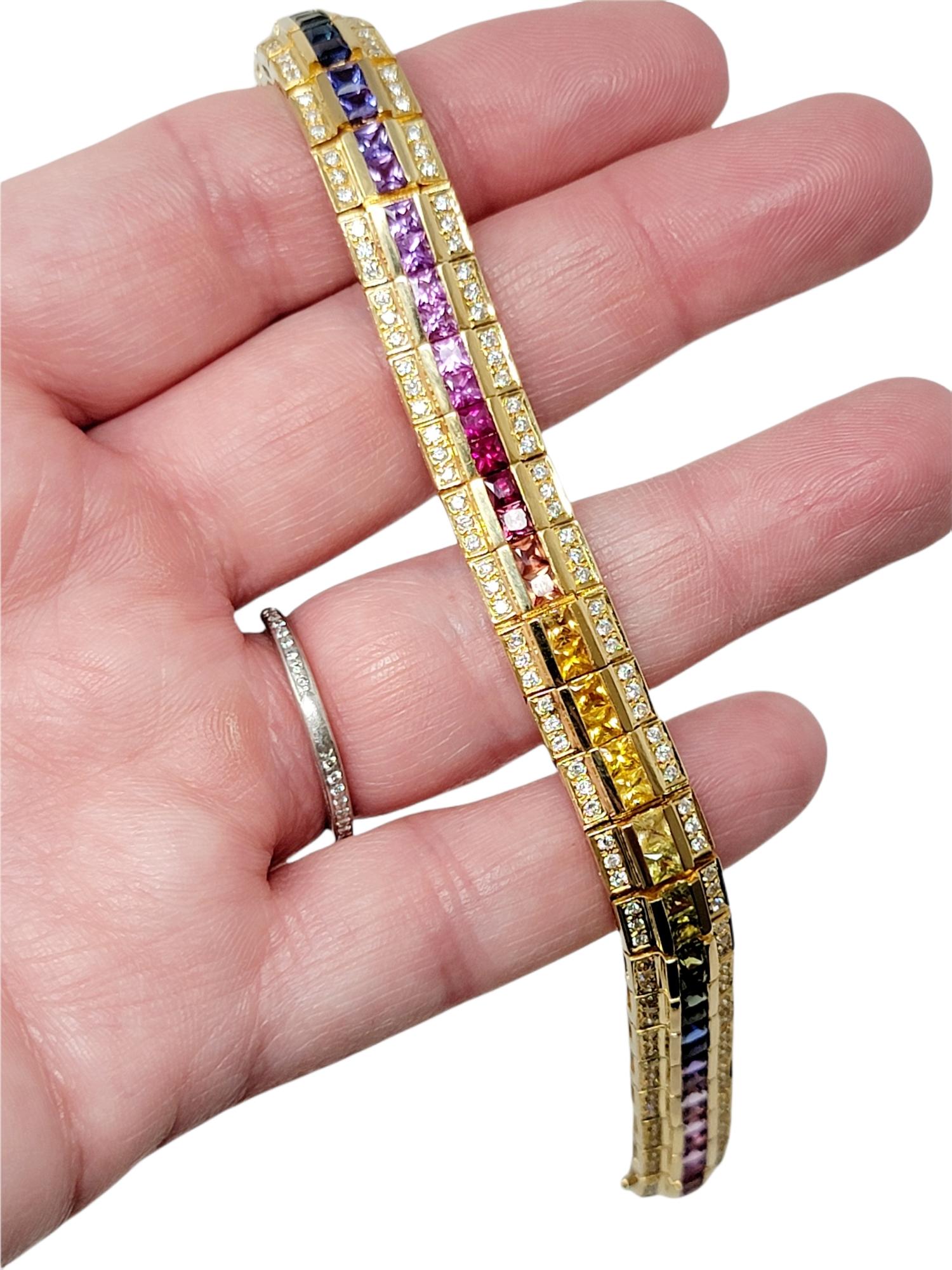 Diamond and Multi-Colored Sapphire Rainbow Link Bracelet 18 Karat Yellow Gold For Sale 6