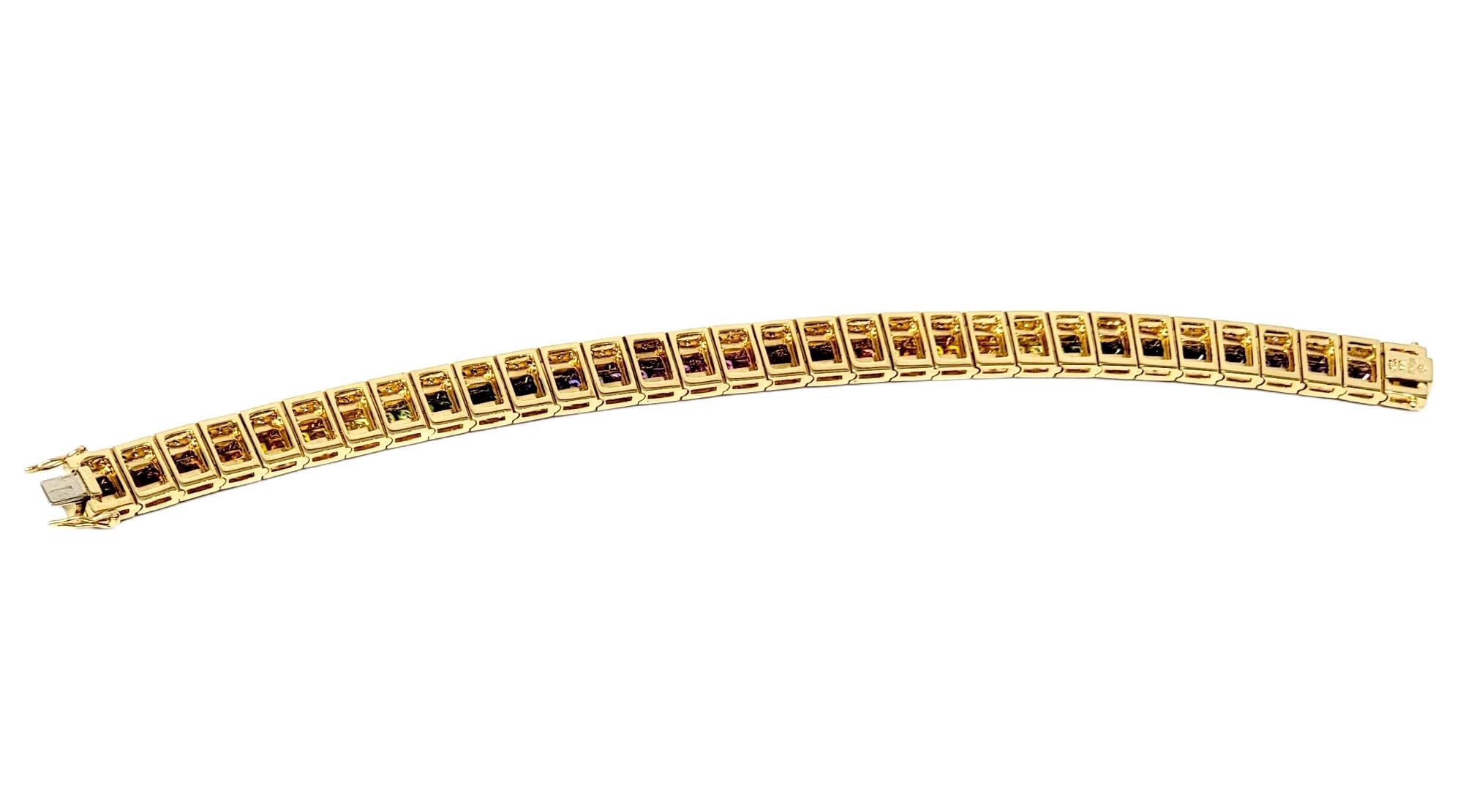 Diamond and Multi-Colored Sapphire Rainbow Link Bracelet 18 Karat Yellow Gold For Sale 7