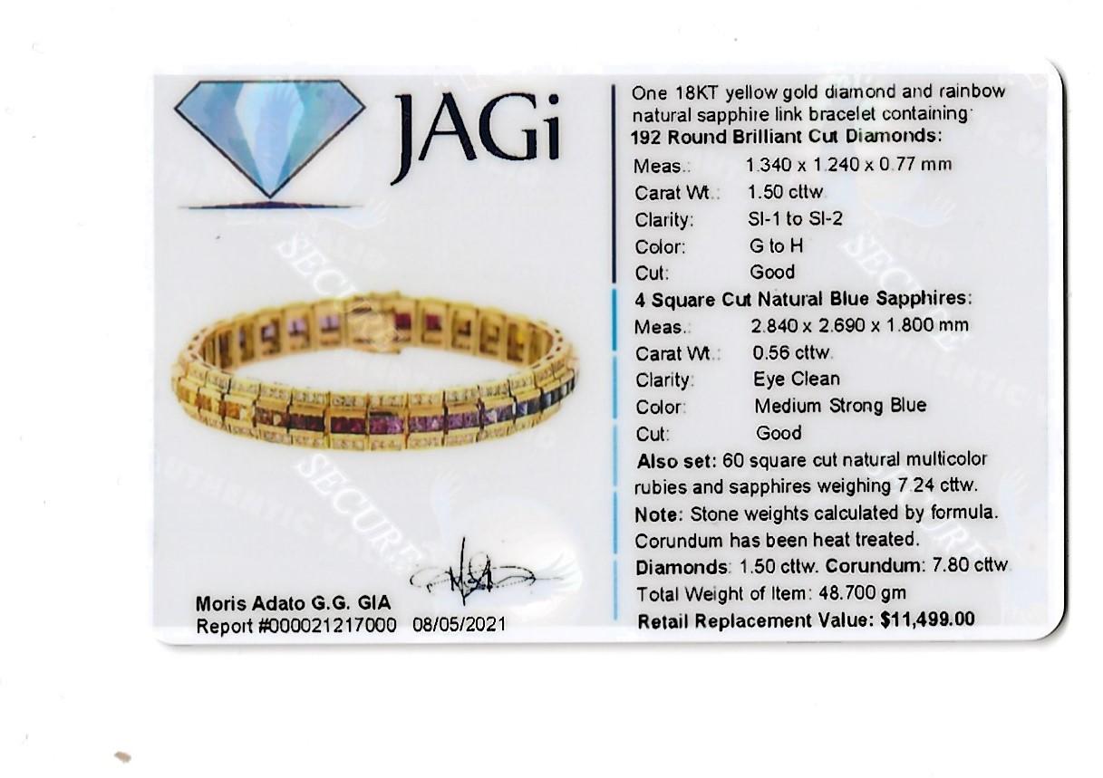 Diamond and Multi-Colored Sapphire Rainbow Link Bracelet 18 Karat Yellow Gold For Sale 10