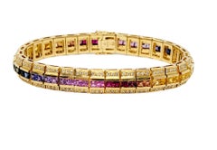 Multi-Colored Sapphire Rainbow Link Bracelet with Diamonds 18 Karat Yellow Gold