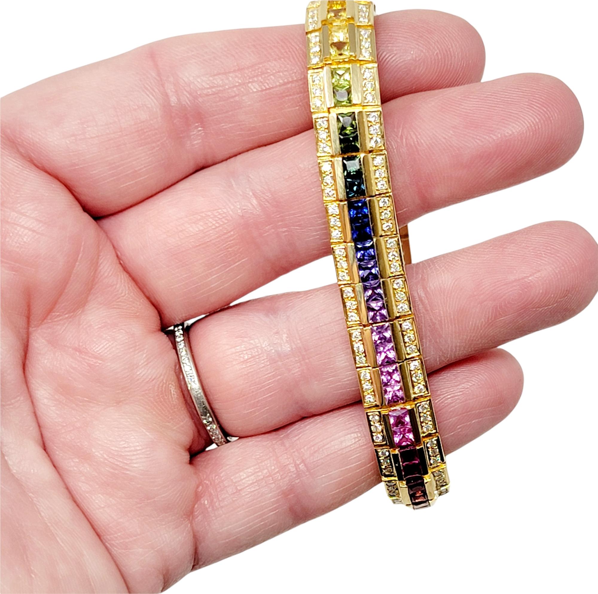 Contemporary Diamond and Multi-Colored Sapphire Rainbow Link Bracelet 18 Karat Yellow Gold For Sale
