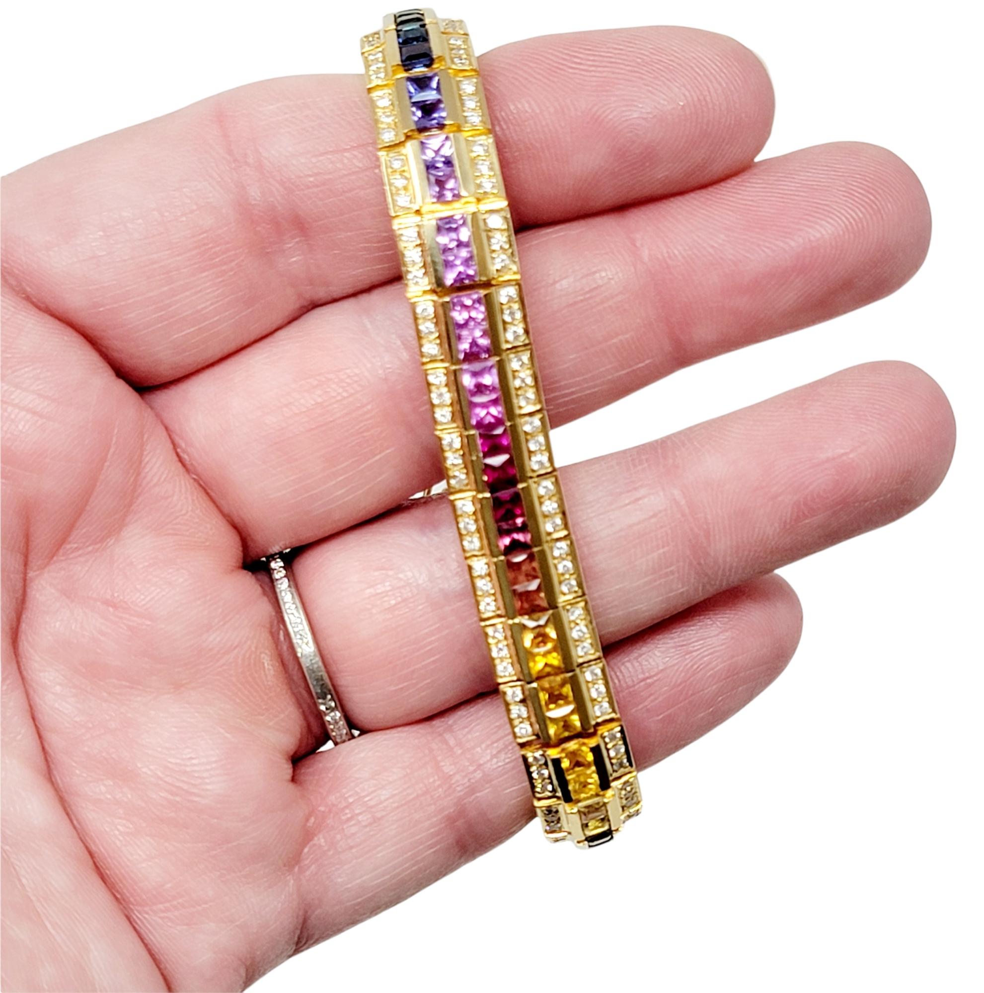 Square Cut Diamond and Multi-Colored Sapphire Rainbow Link Bracelet 18 Karat Yellow Gold For Sale