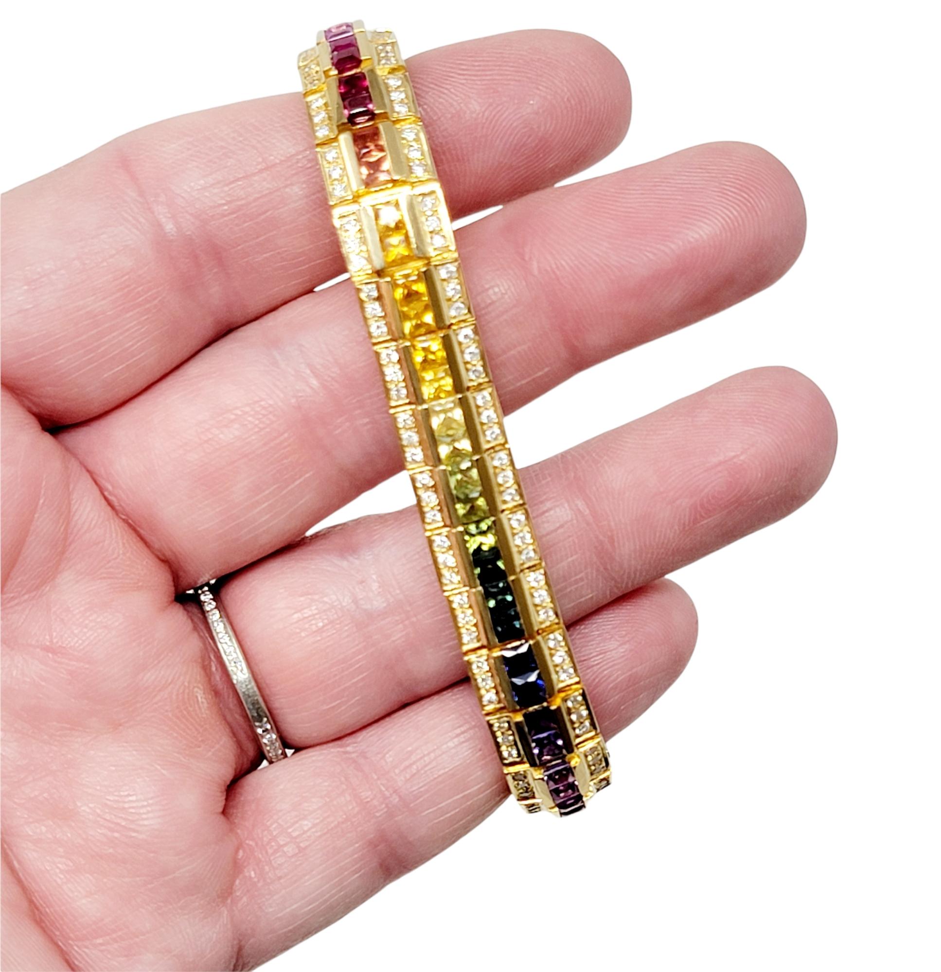 Diamond and Multi-Colored Sapphire Rainbow Link Bracelet 18 Karat Yellow Gold In Good Condition For Sale In Scottsdale, AZ