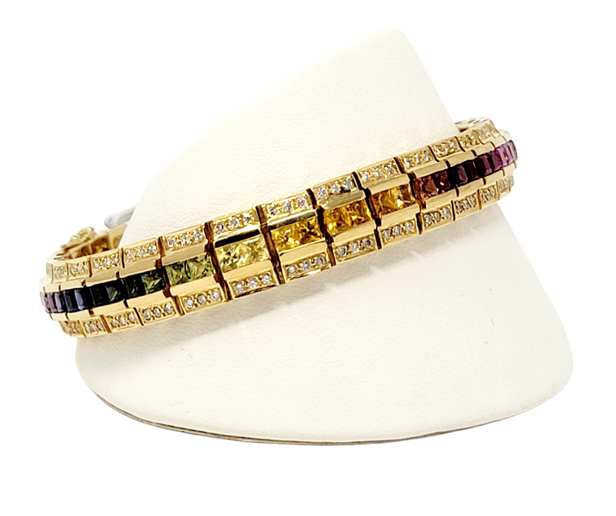 Women's Diamond and Multi-Colored Sapphire Rainbow Link Bracelet 18 Karat Yellow Gold For Sale