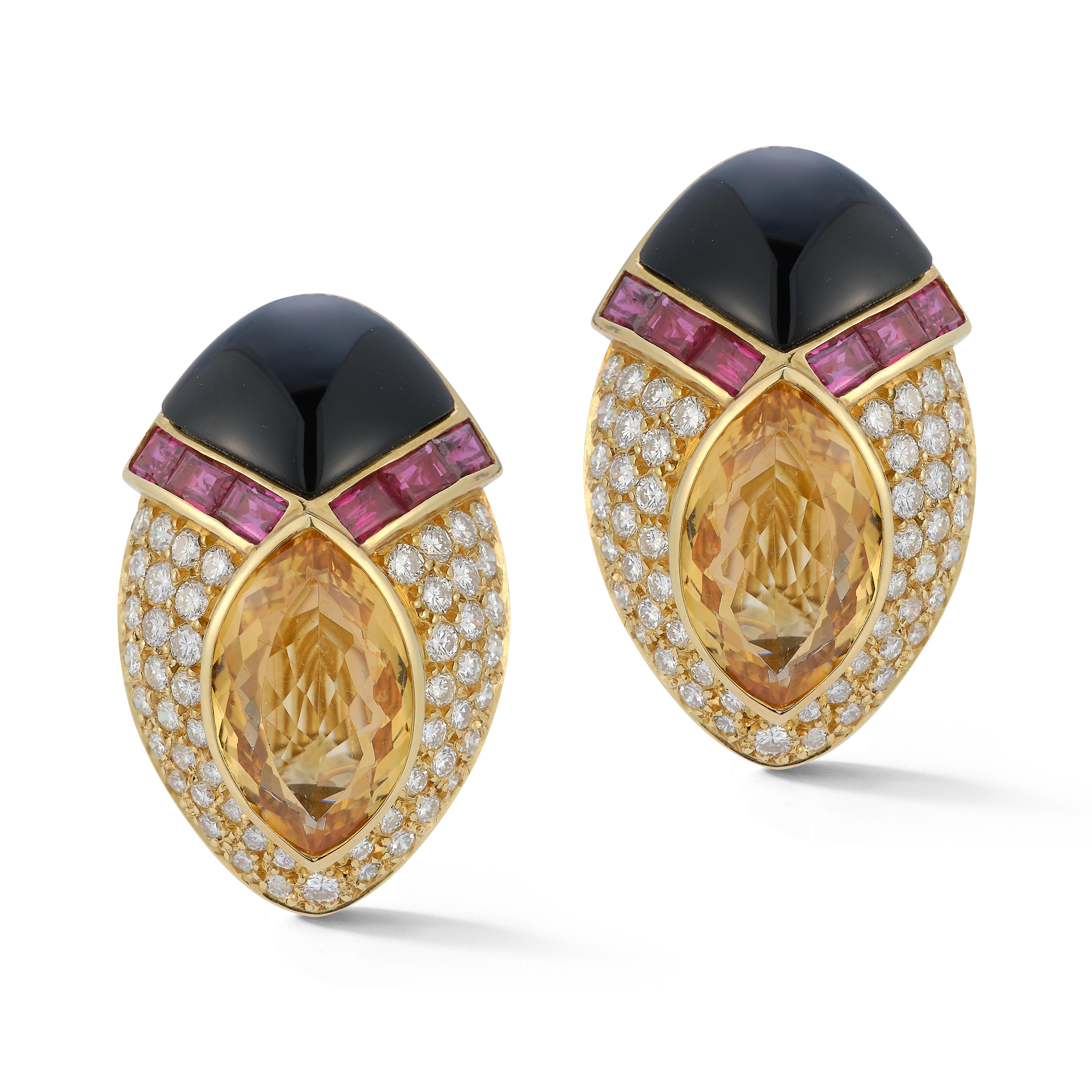 Diamond & Multi Gem Citrine Earrings with Onyx tips set in 18K Yellow Gold
104 diamonds,  approx 4.00 cts 
12 rubies 
2 citrines , approx 10.00 cts
Back Type: clip on
Measurements: 1” long
 
