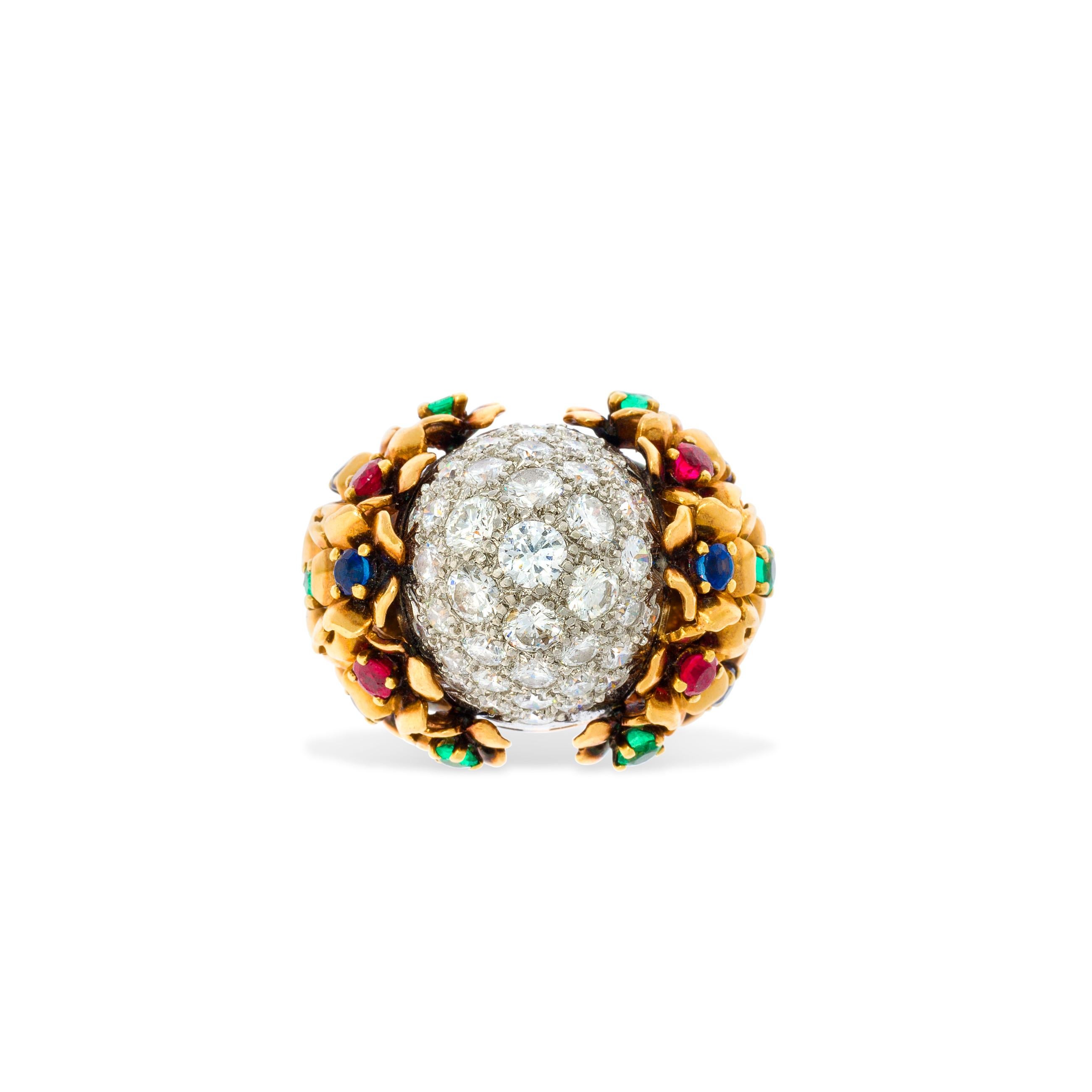 Diamond and Multi Gem Cocktail Dome Ring For Sale 4