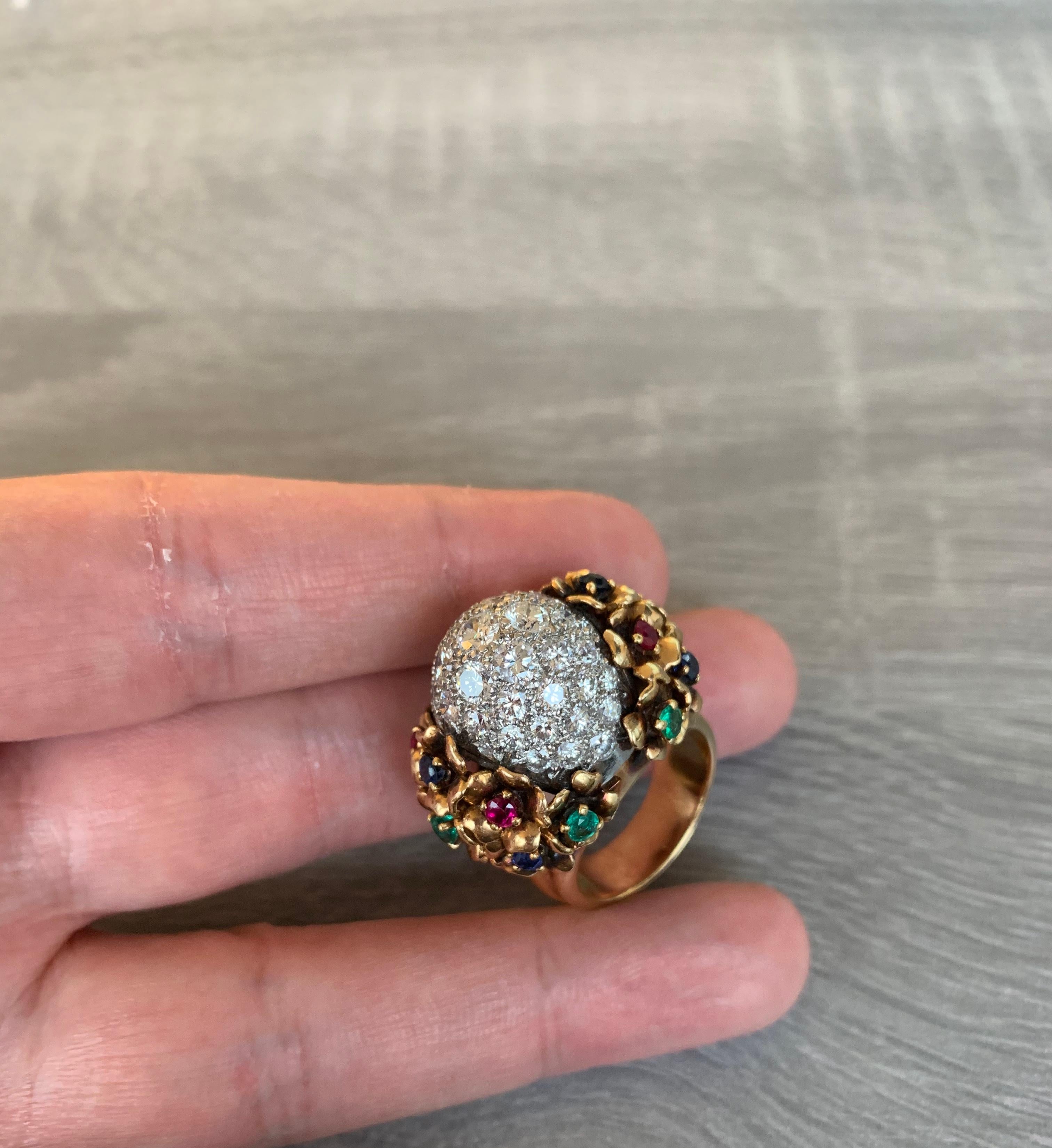 Round Cut Diamond and Multi Gem Cocktail Dome Ring For Sale