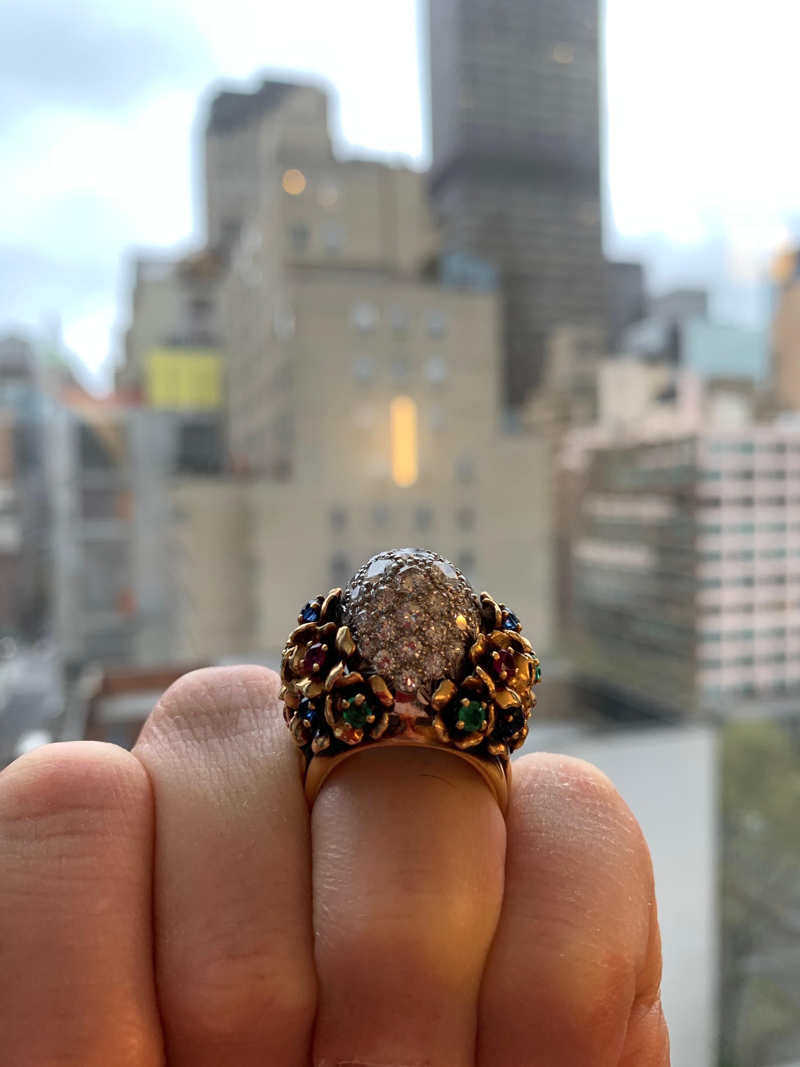 Diamond and Multi Gem Cocktail Dome Ring In Excellent Condition For Sale In New York, NY