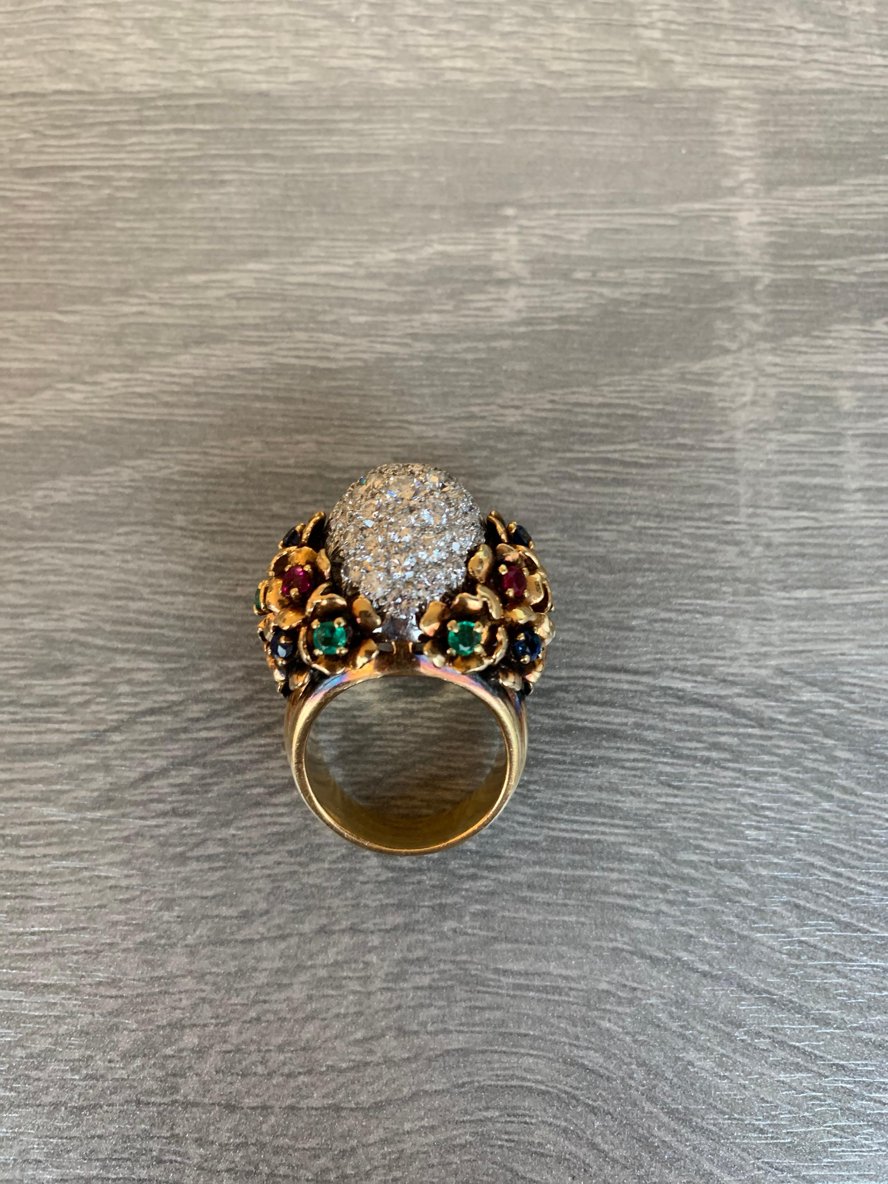 Diamond and Multi Gem Cocktail Dome Ring For Sale 1