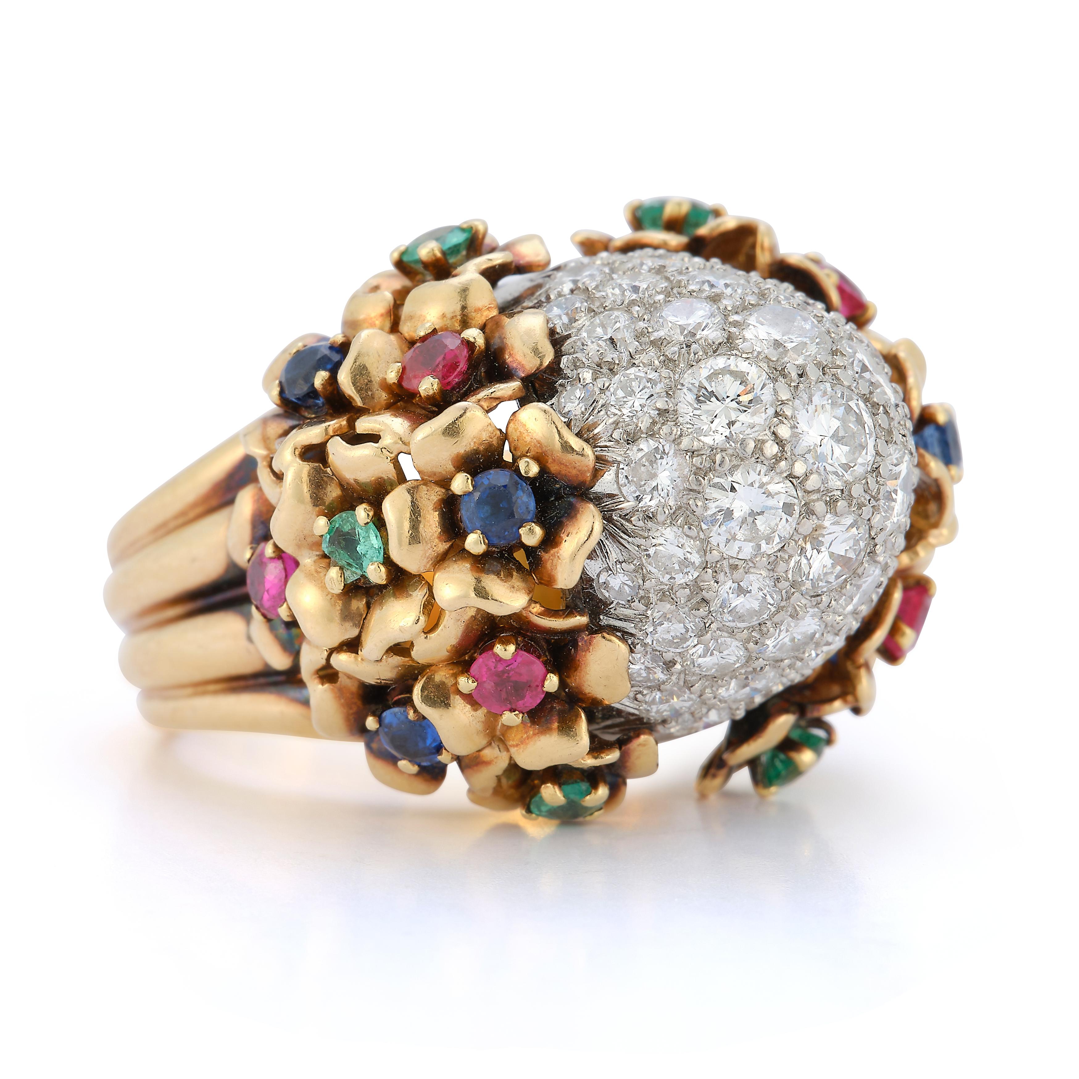 Retro Diamond and Multi Gem Cocktail Dome Ring For Sale