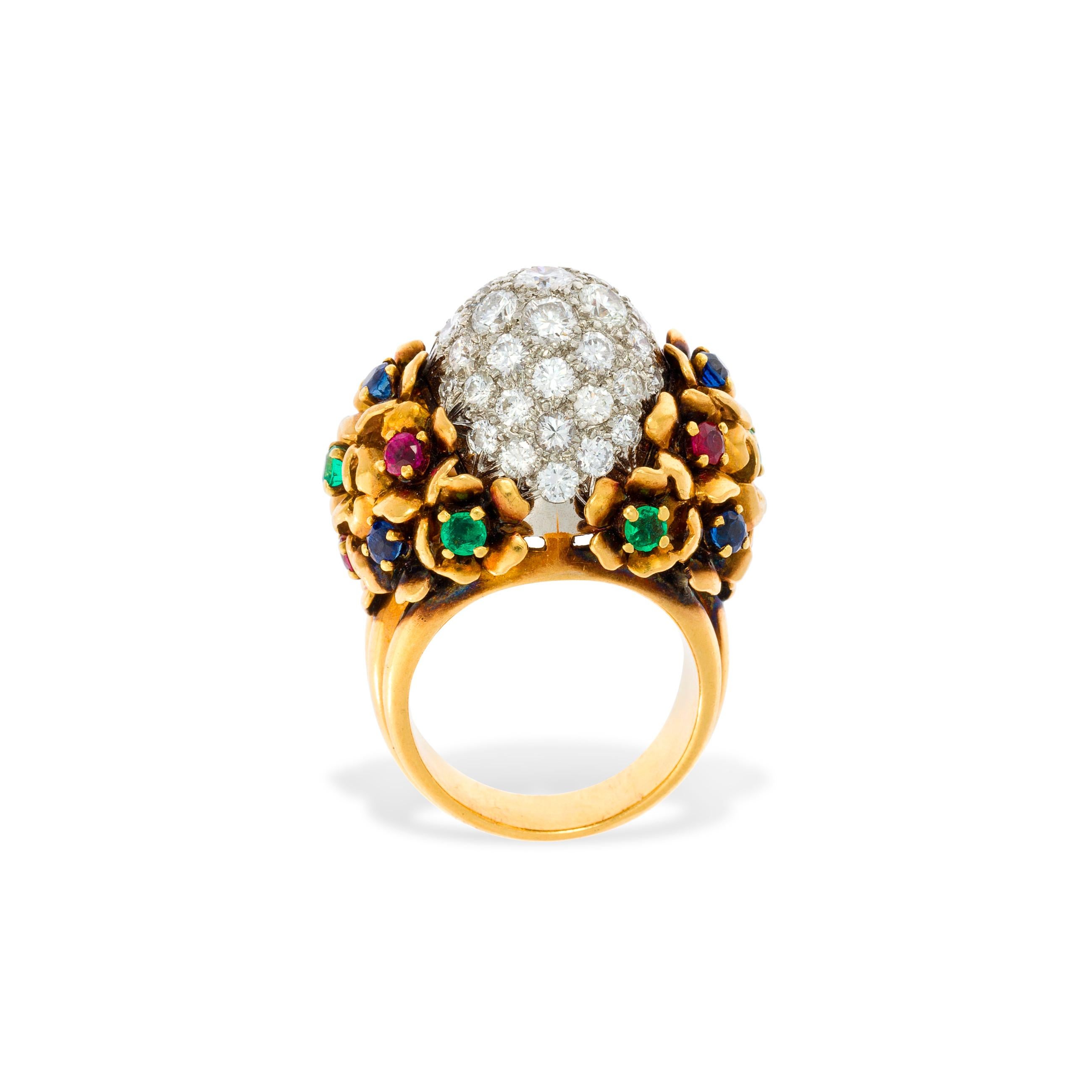 Diamond and Multi Gem Cocktail Dome Ring For Sale 2