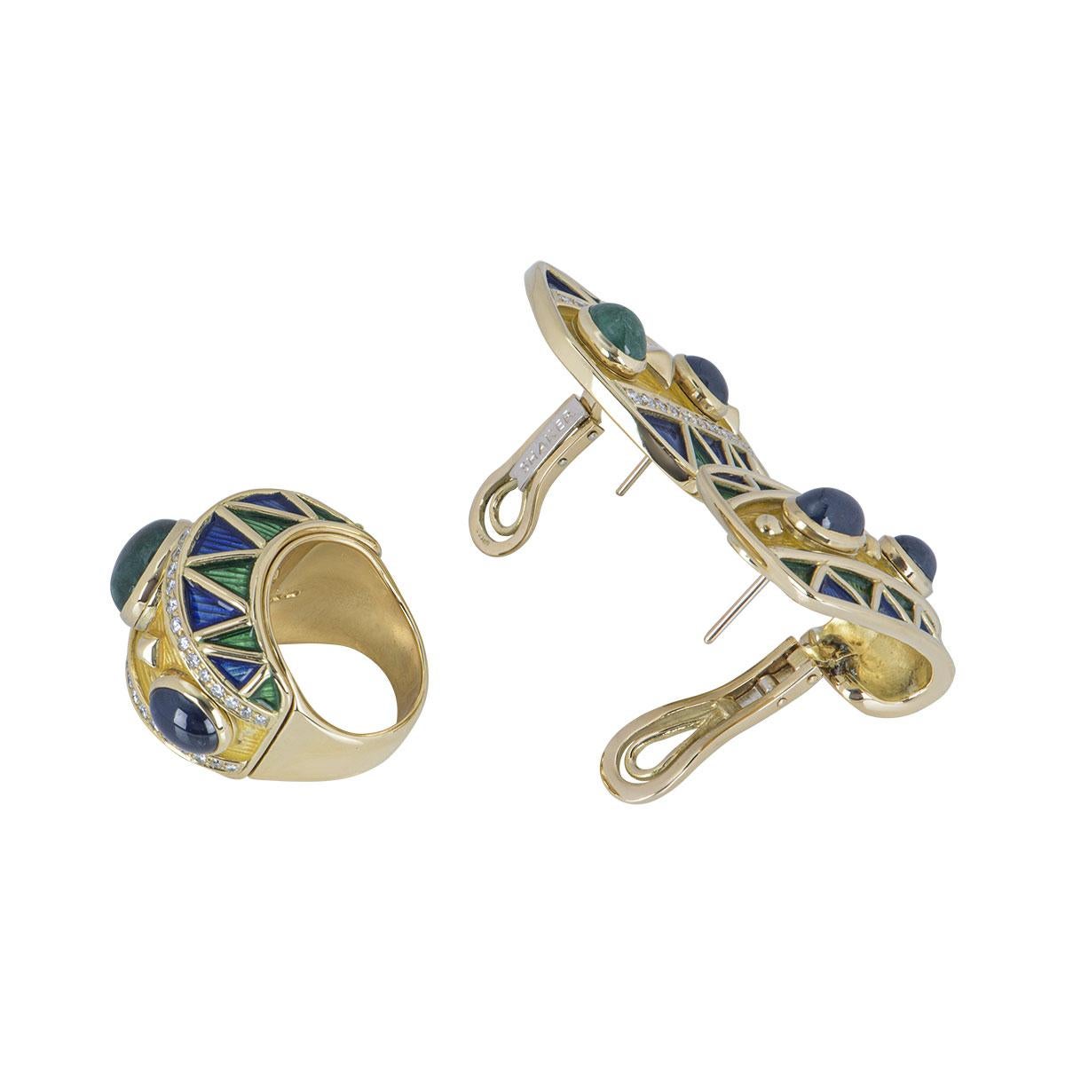 Diamond and Multi-Gem, Emerald and Sapphire Earrings and Ring Set In Excellent Condition In London, GB