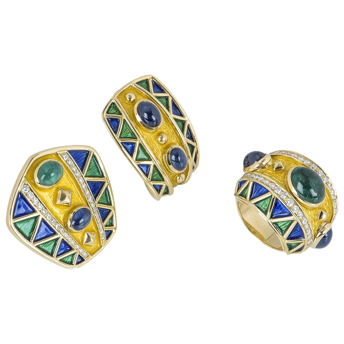 Diamond and Multi-Gem, Emerald and Sapphire Earrings and Ring Set