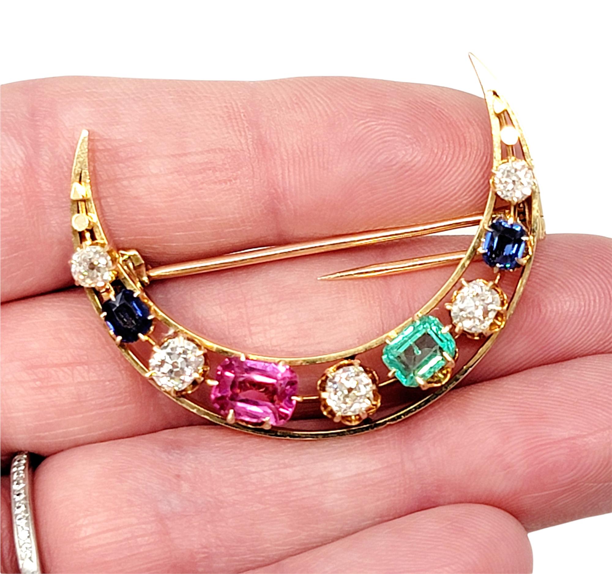 Diamond and Multi-Gemstone Crescent Moon Celestial Brooch 18 Karat Yellow Gold In Good Condition For Sale In Scottsdale, AZ
