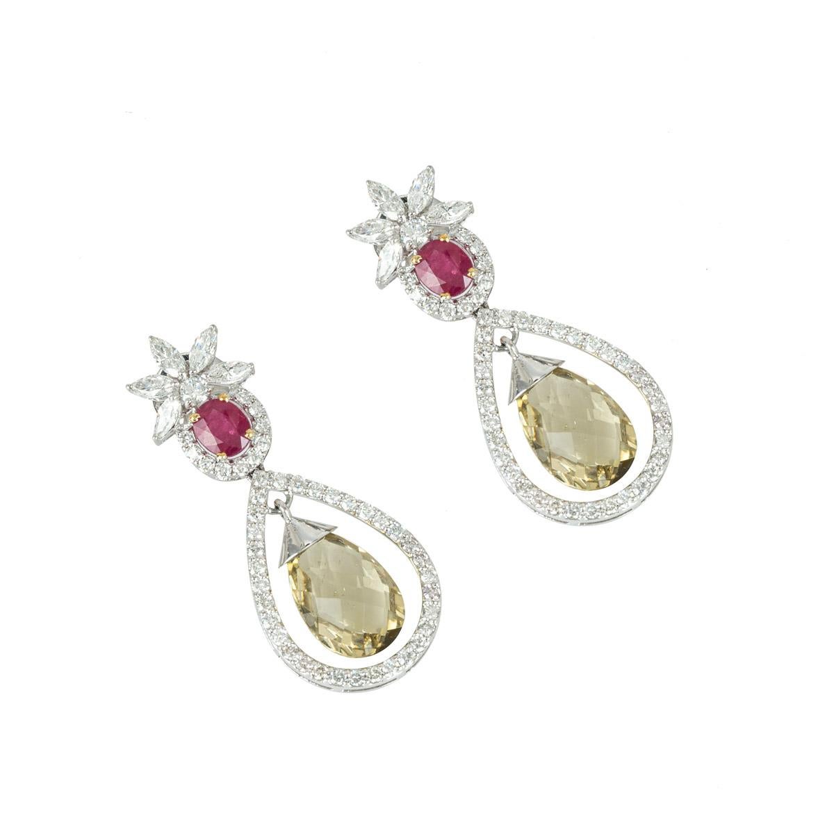 Round Cut Diamond and Multi-Gemstone Drop Earrings For Sale
