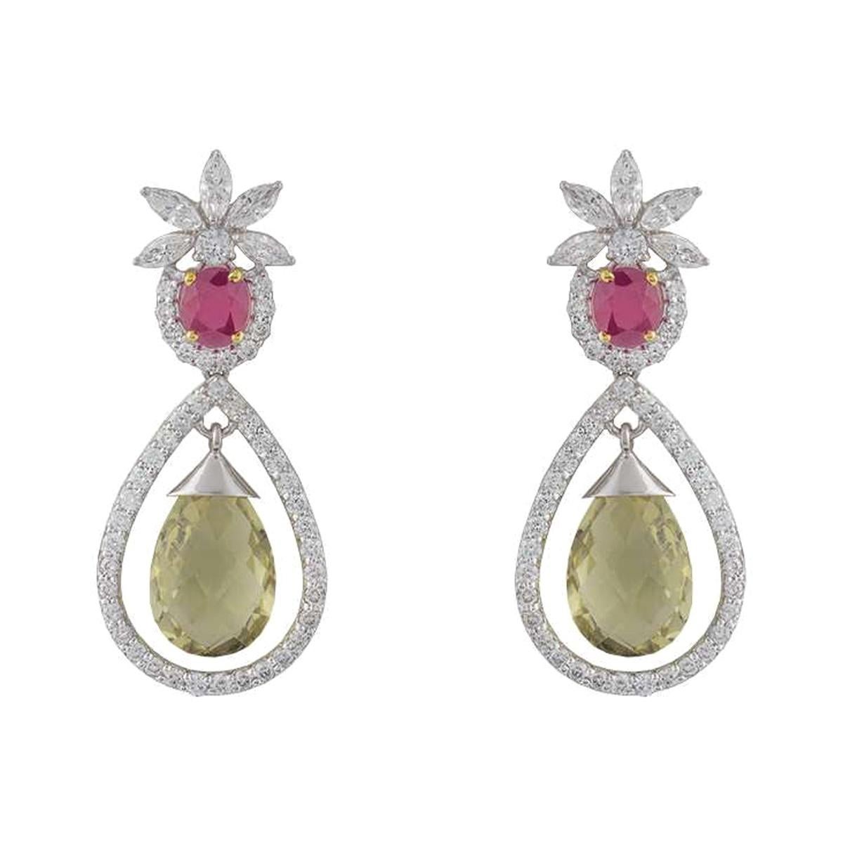 14 Karat White Gold MultiColor Gemstone Diamond Drop Earrings For Sale