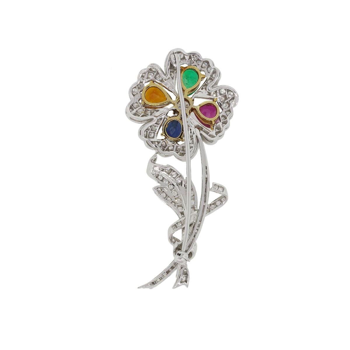 Diamond and Multi Gemstone Flower Brooch Pin In Excellent Condition For Sale In Boca Raton, FL