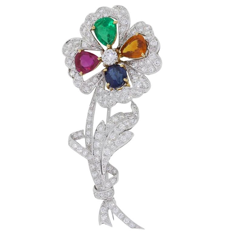 Diamond and Multi Gemstone Flower Brooch Pin