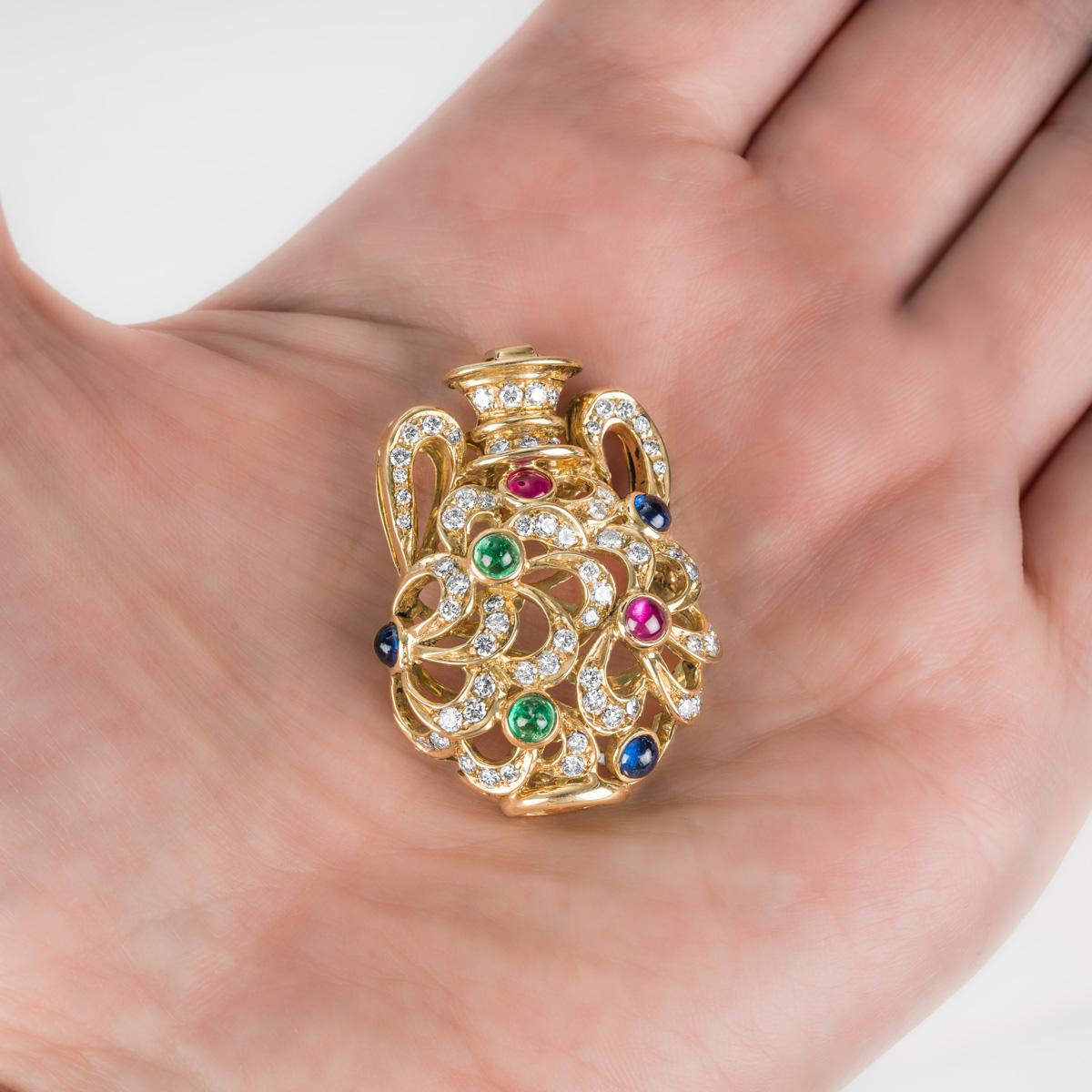 Round Cut Diamond and Multi-Gemstone Sapphire, Ruby Yellow Gold Vase Pendant For Sale