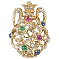 Pendentif vase en or jaune et multi-pierres diamants, saphirs et rubis