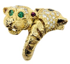 Diamond and Multi Gemstone Tiger Head Bypass Ring in 18 Karat Yellow Gold