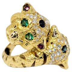 Diamond and Multi Gemstone Tiger Head Bypass Ring in 18 Karat Yellow Gold