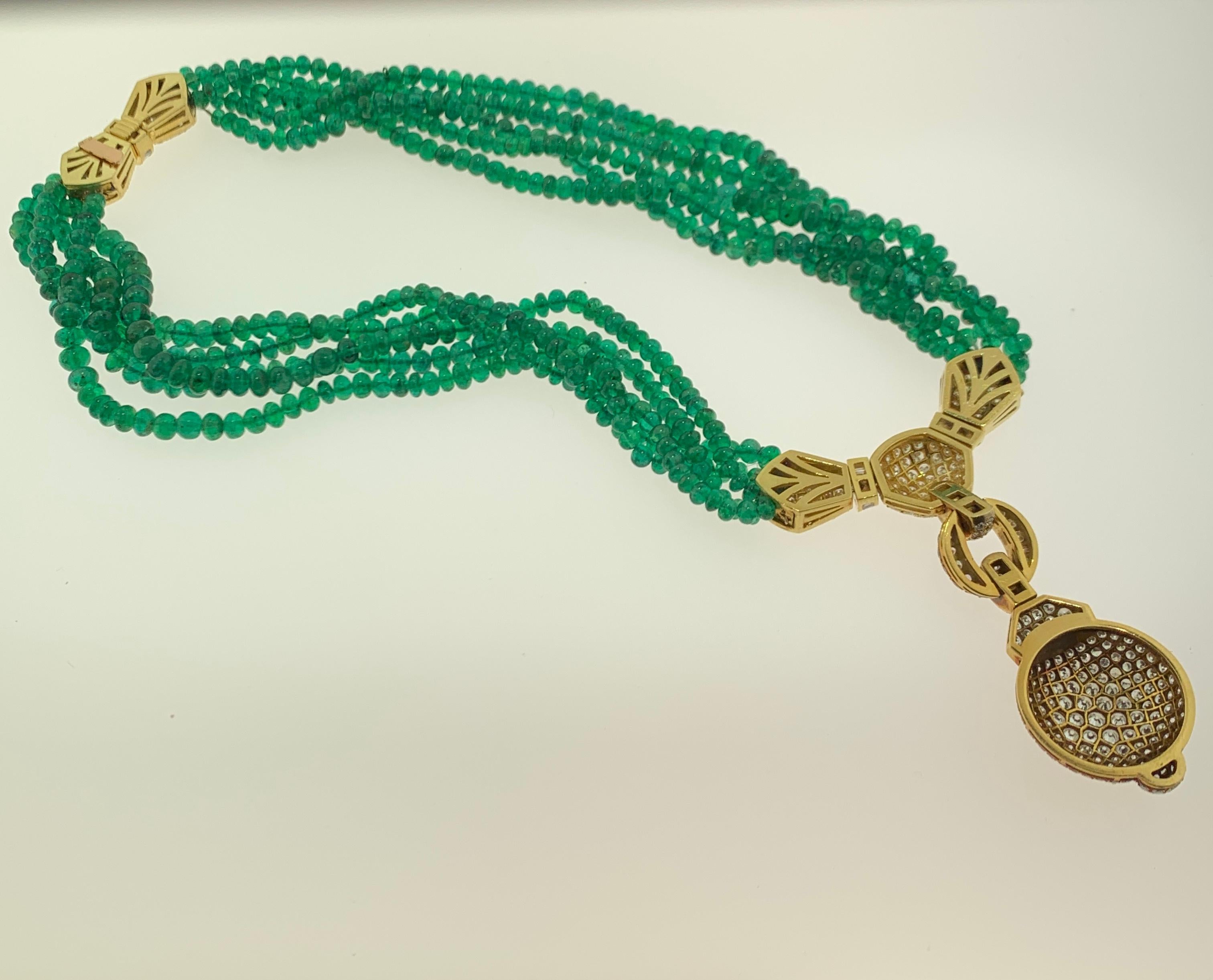 Diamond and Multi Strand Emerald Bead Necklace In Excellent Condition For Sale In New York, NY