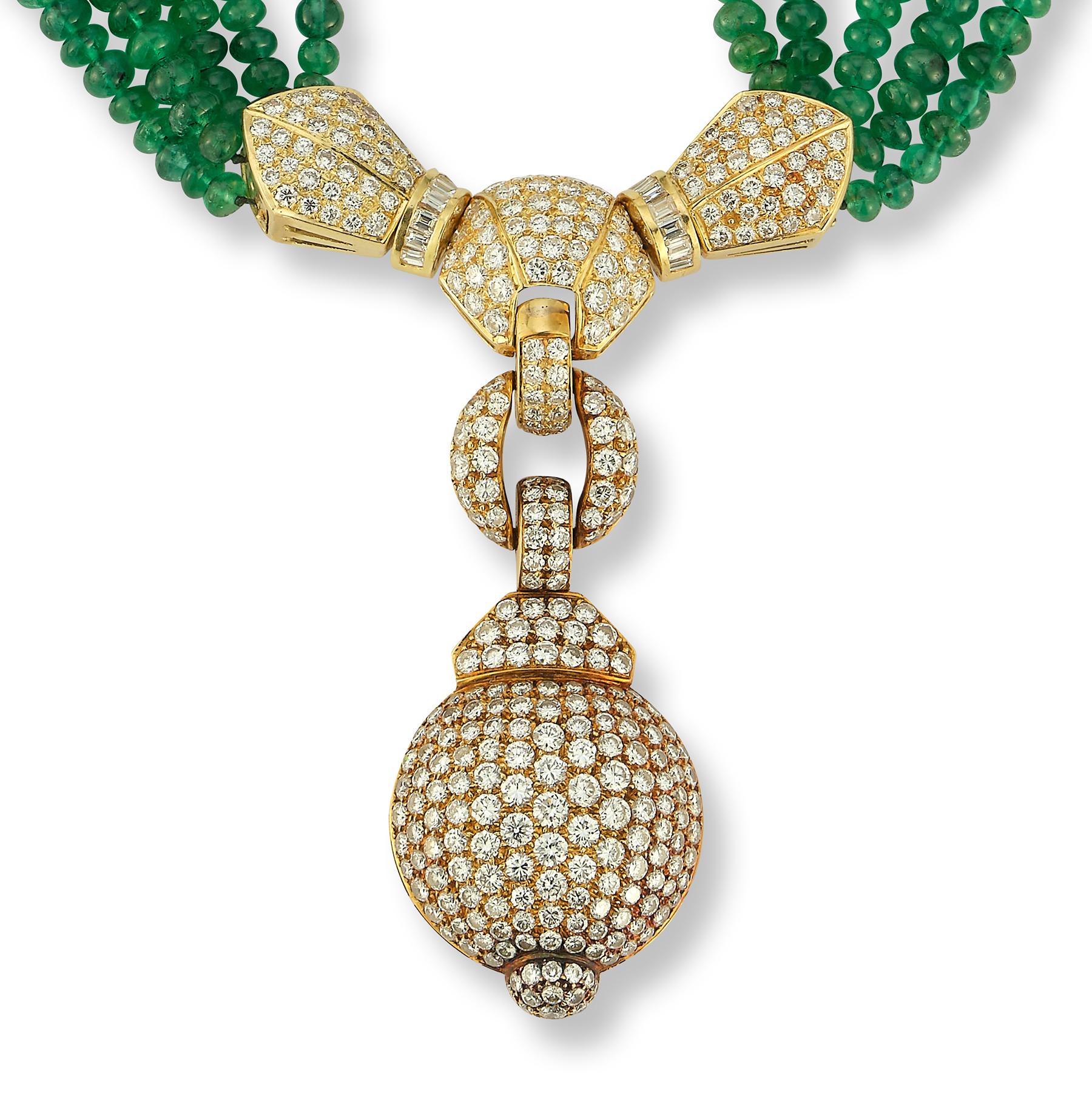 Collar de diamantes y esmeraldas de varias vueltas en Excelente estado para la venta en New York, NY