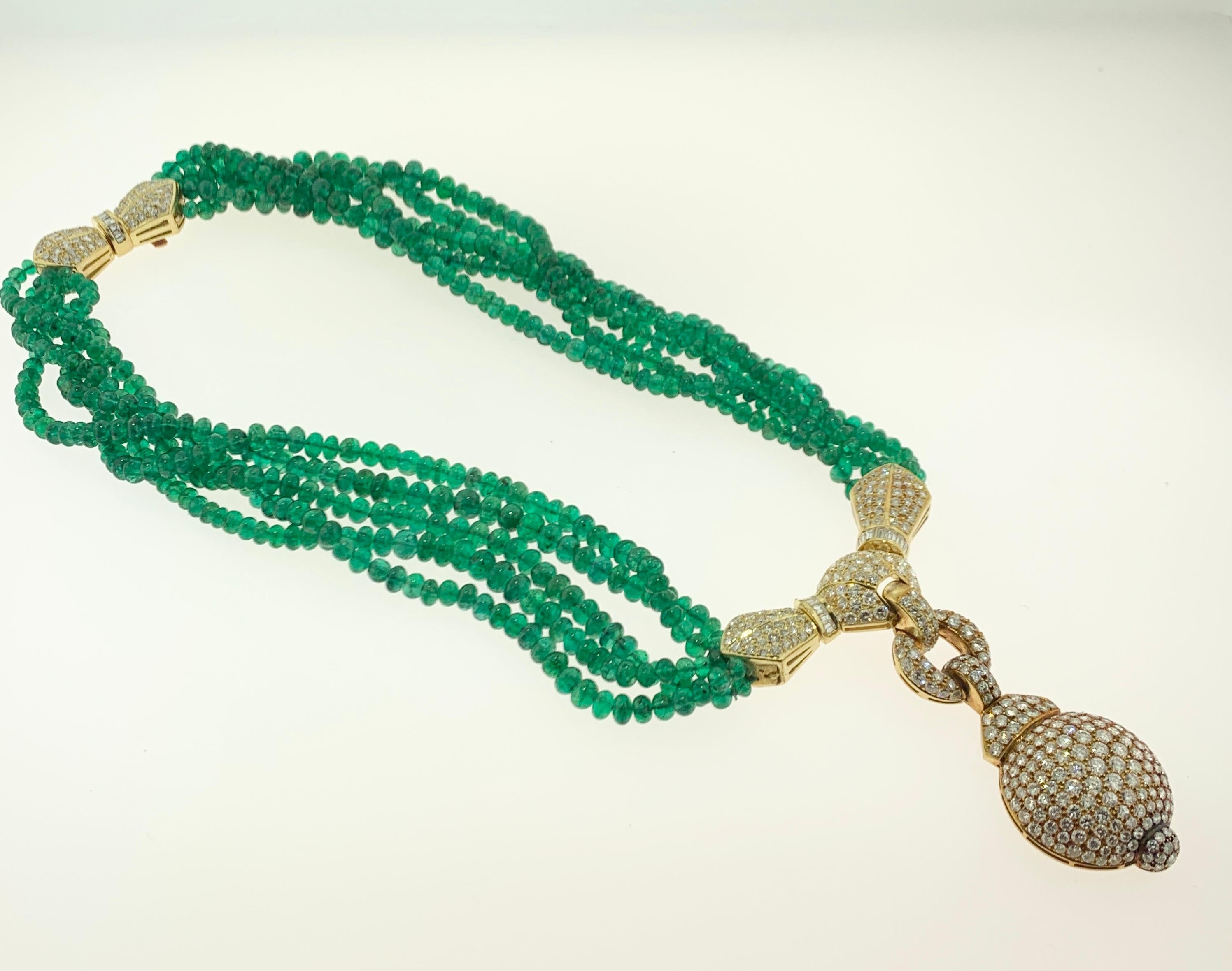 Women's Diamond and Multi Strand Emerald Bead Necklace For Sale