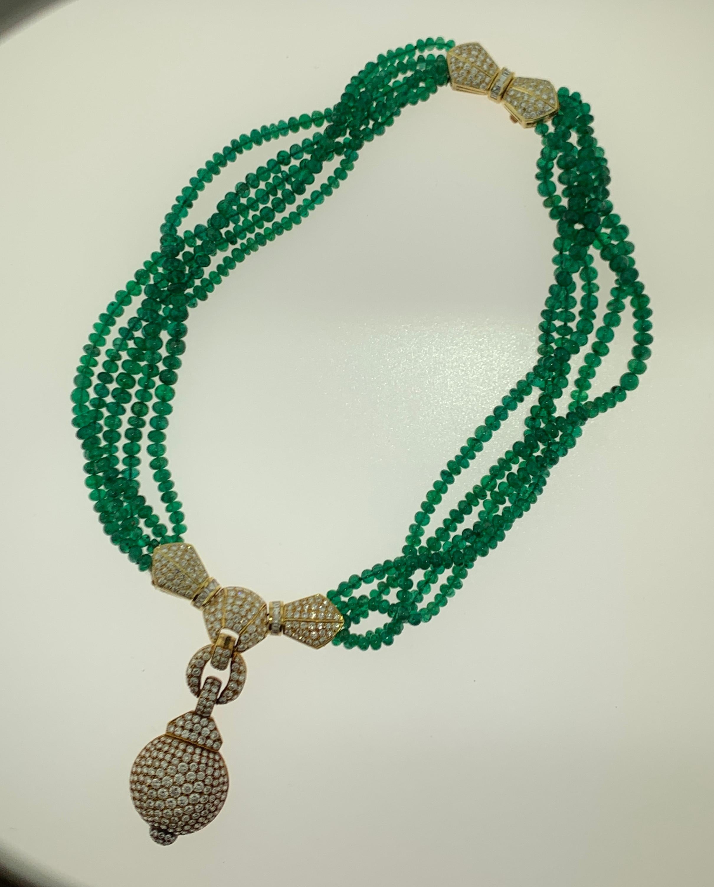 Diamond and Multi Strand Emerald Bead Necklace For Sale 1