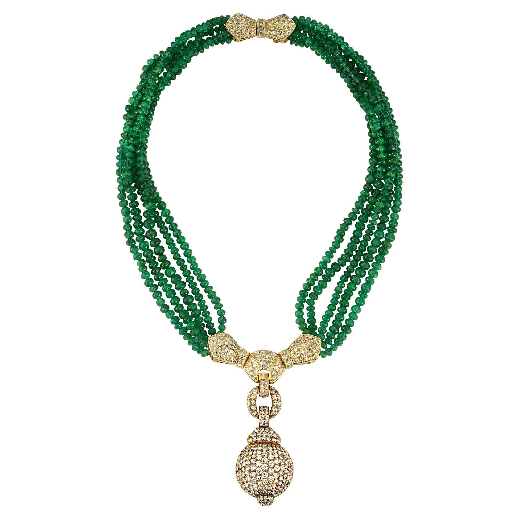 Diamond and Multi Strand Emerald Bead Necklace For Sale