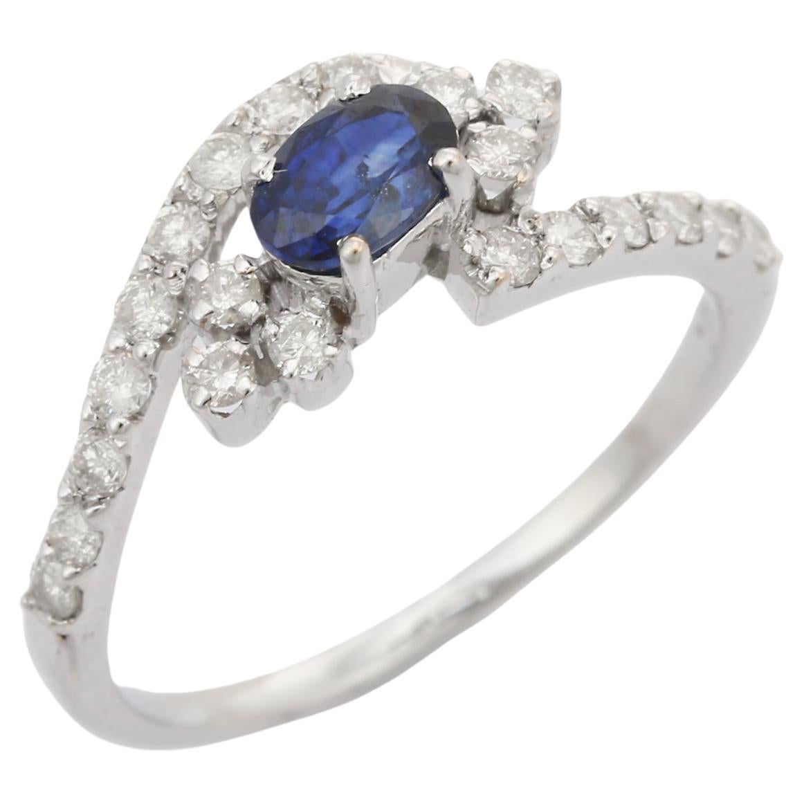 For Sale:  Art Nouveau Style Women Diamond Blue Sapphire Wedding Ring in 14K White Gold