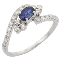 Bague de mariage de style Art nouveau en or blanc 14 carats avec diamants et saphirs bleus pour femmes