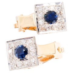 Diamond and Natural Deep Blue Sapphire Vintage Clip on Earrings 18 Carat Gold