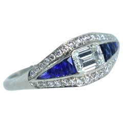 Diamond and Natural Fancy Cut Fine Sapphire Ring Hand Made in Platinum