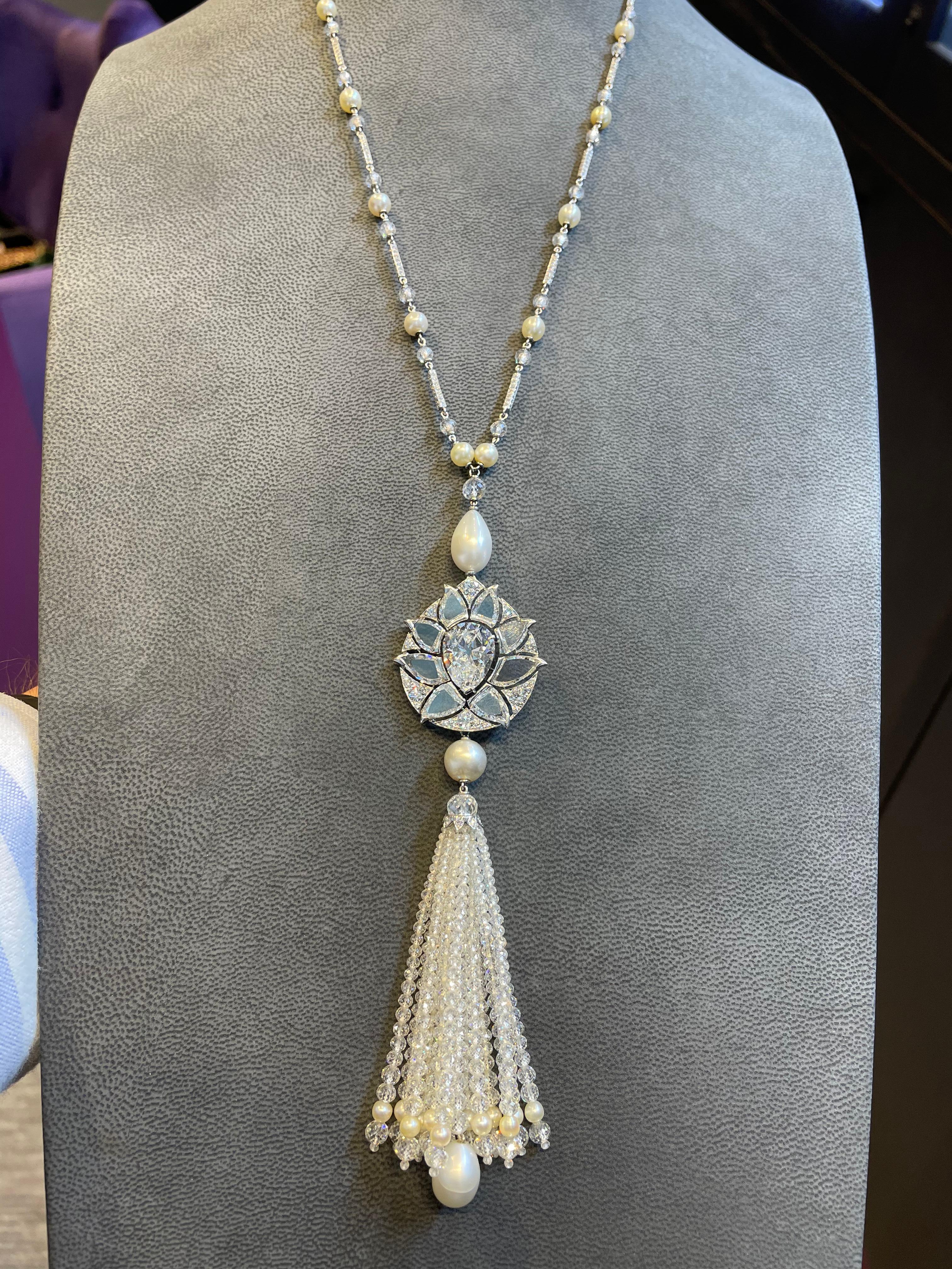 Diamond and Natural Pearl Tassel Sautoir Necklace Masterpiece by Viren Bhagat 2