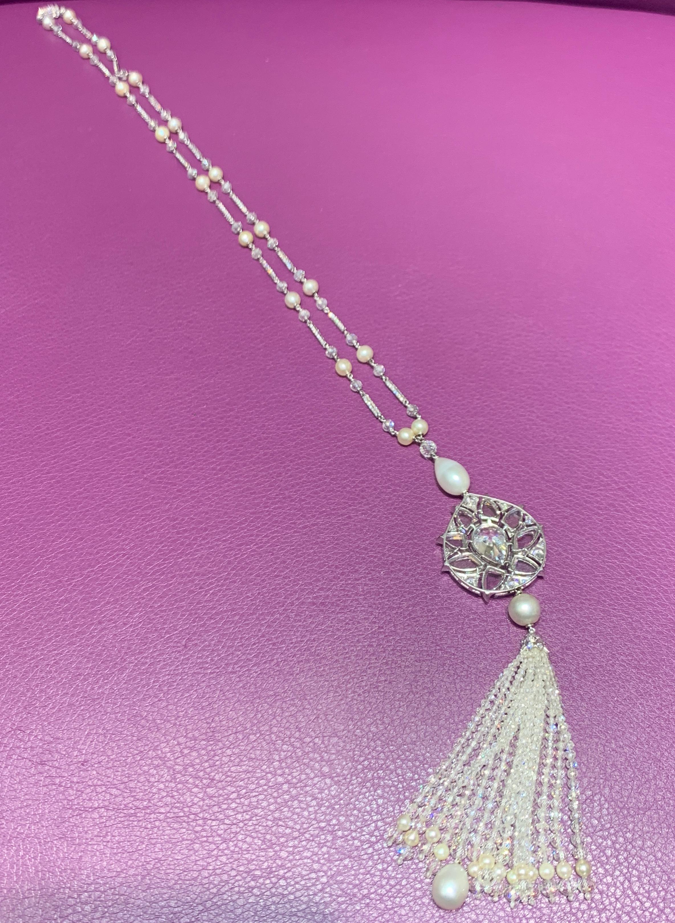 Diamond and Natural Pearl Tassel Sautoir Necklace Masterpiece by Viren Bhagat 4
